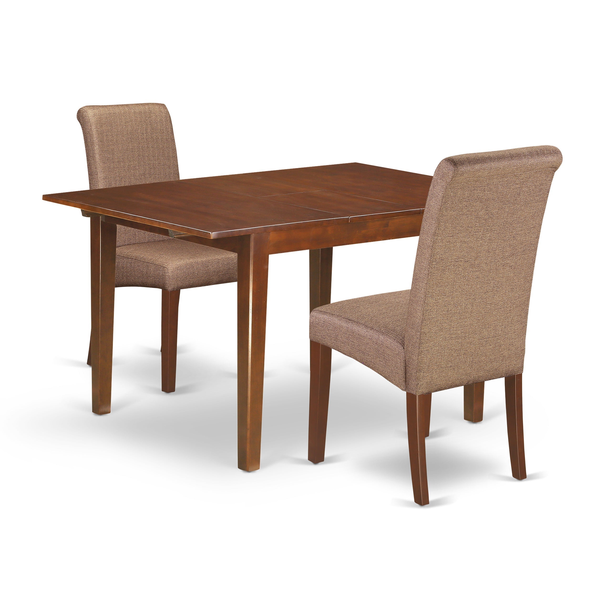 MLBA3-MAH-18 3Pc Kitchen table with linen brown fabric Parson chairs with mahogany chair legs