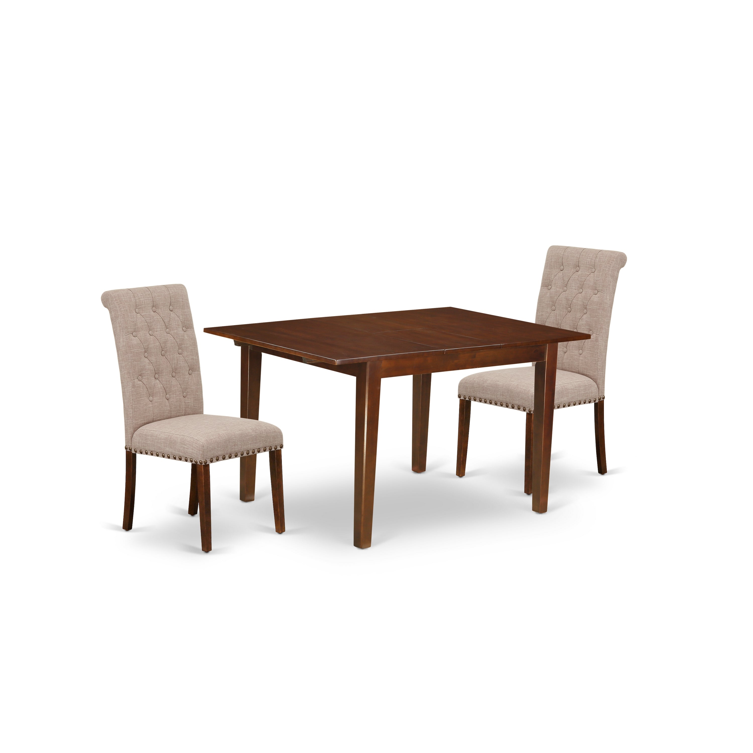 MLBR3-MAH-04 3Pc Dinette Set Includes a Rectangular Kitchen Table with Butterfly Leaf and Two Parson Chairs with Light Fawn Fabric, Mahogany Finish