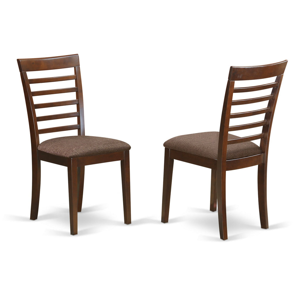 Juego de comedor de 3 piezas DLML3-MAH-C de East West Furniture. Contiene una mesa de comedor redonda con alas abatibles y 2 sillas tapizadas en tela de lino.