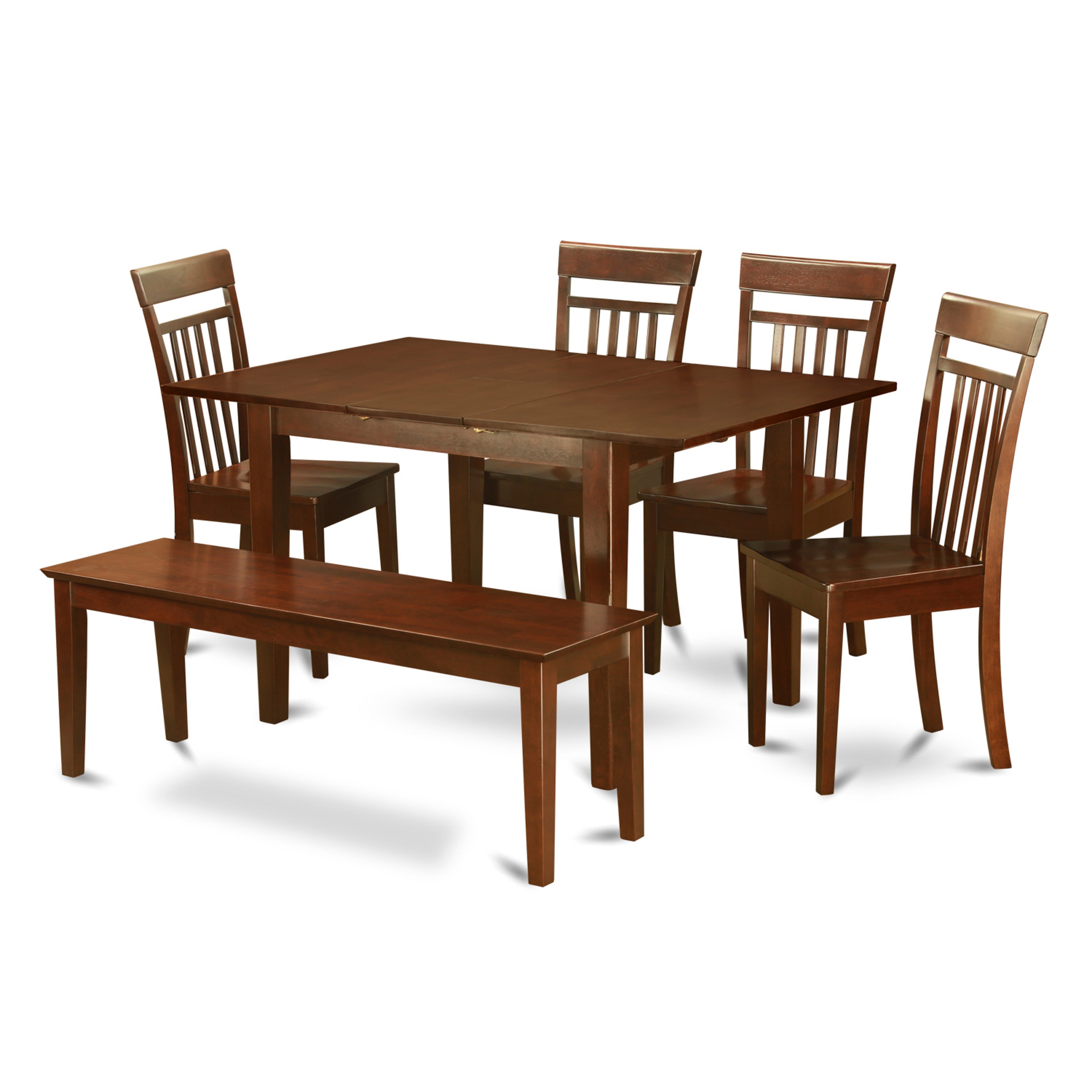 Juego de mesa de comedor moderna de 6 piezas East West Furniture MLCA6C-MAH-W. Contiene una mesa rectangular de madera con hojas de mariposa y 4 sillas de comedor con un banco.