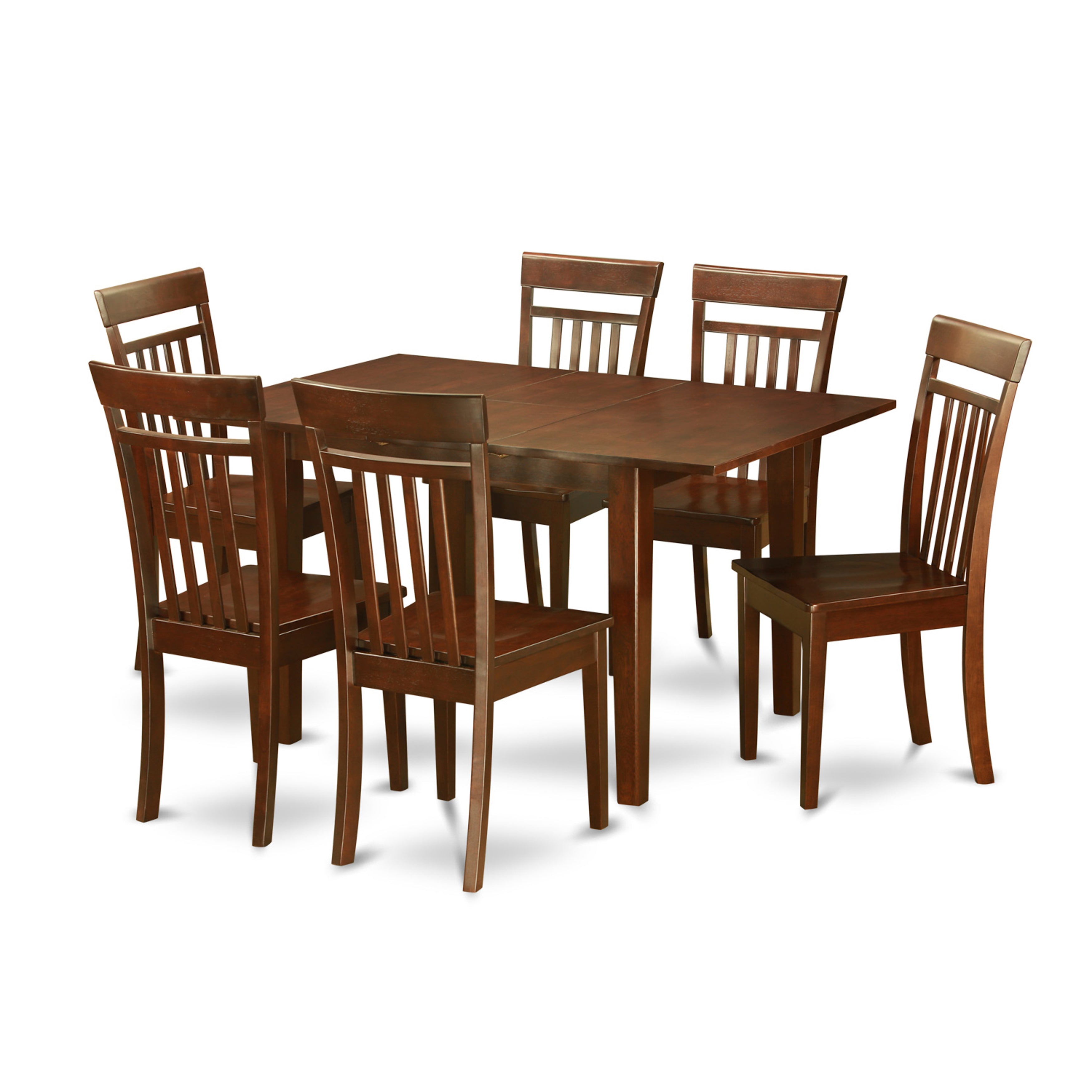 Juego de mesa de comedor East West Furniture MLCA7-MAH-W de 7 piezas compuesto por una mesa rectangular con diseño de hojas de mariposa y 6 sillas de comedor.
