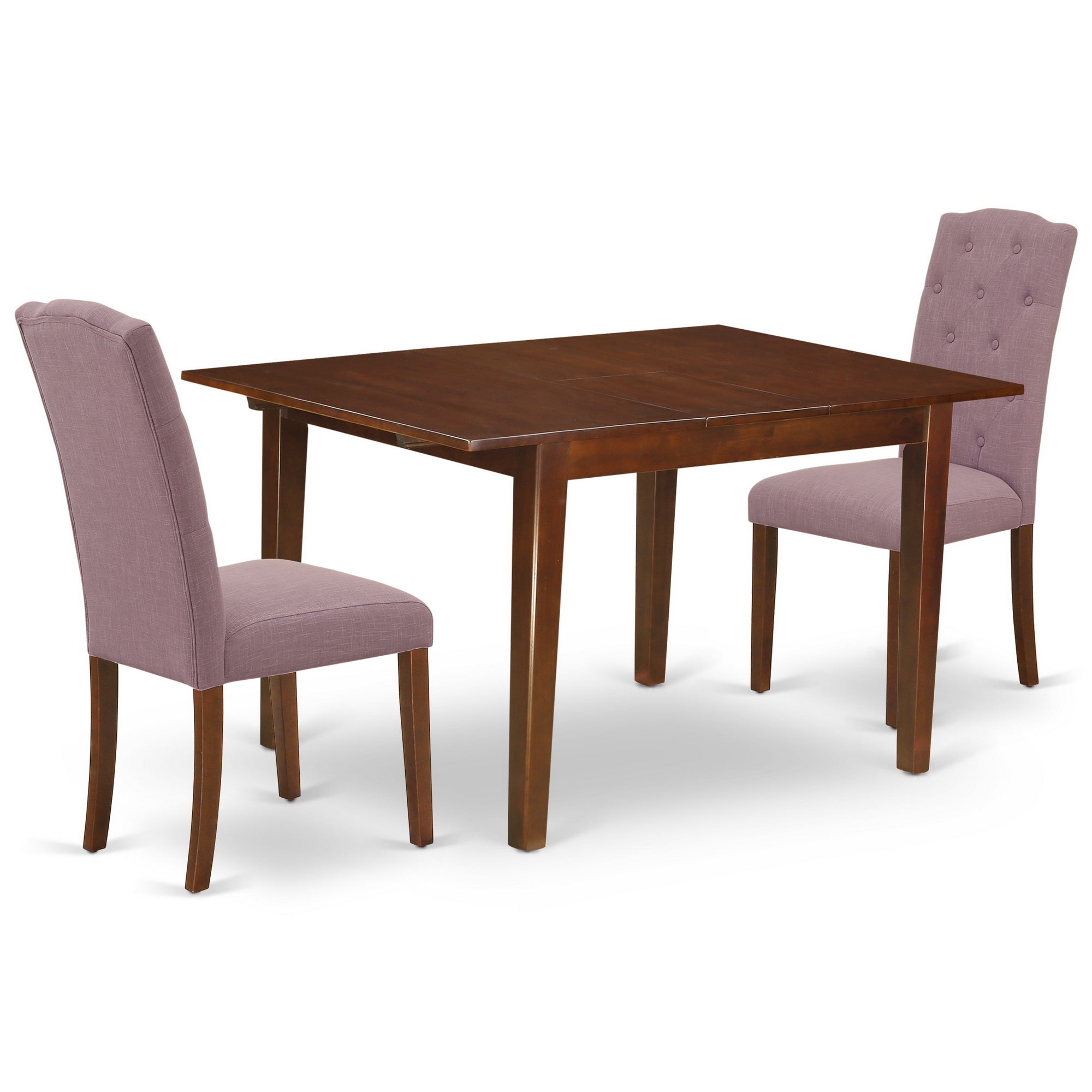 MLCE3-MAH-10 3Pc Dinette Set Includes a Rectangular Kitchen Table with Butterfly Leaf and Two Parson Chairs with Dahlia Fabric, Mahogany Finish