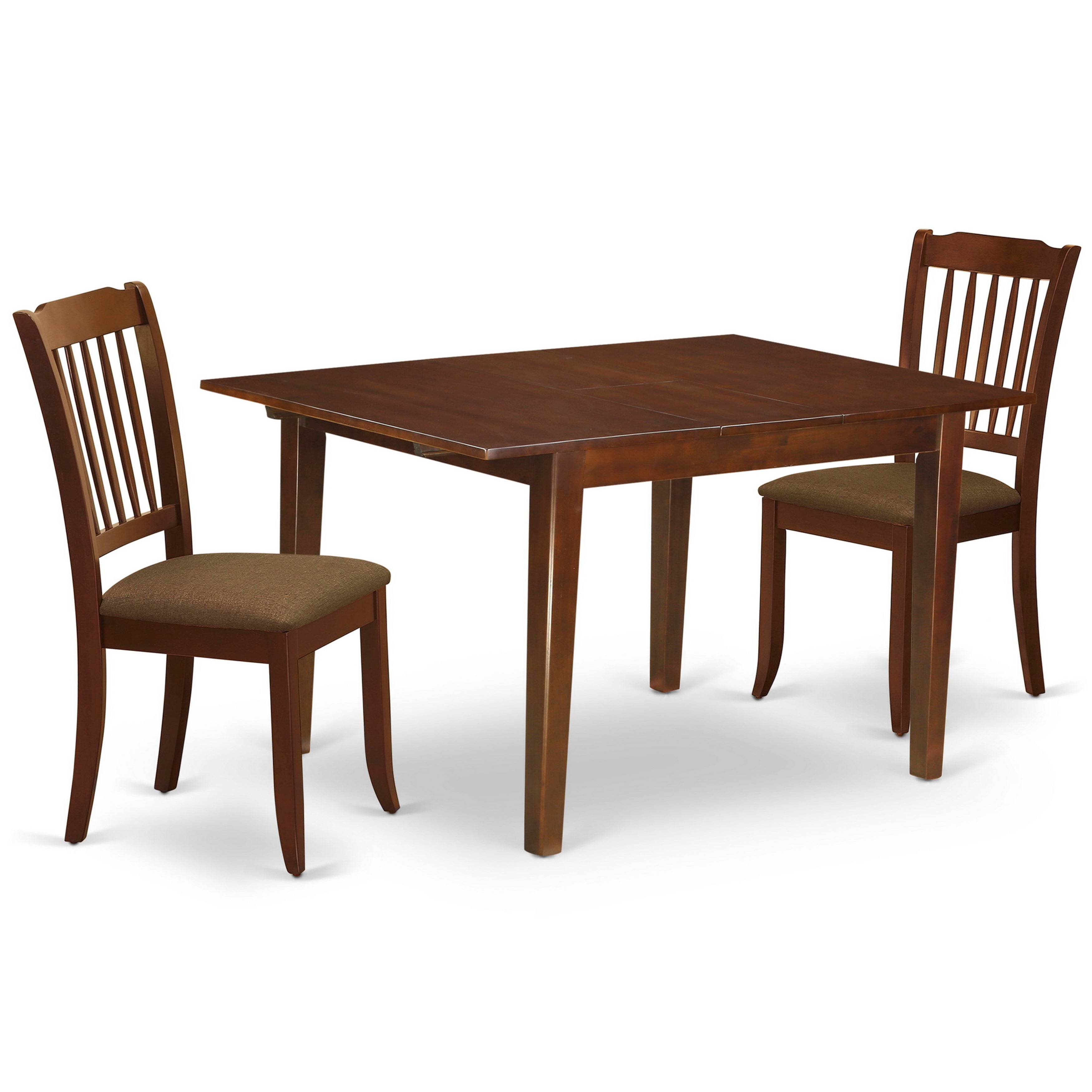 MLDA3-MAH-C 3Pc Dinette Set Includes a Rectangular Kitchen Table with Butterfly Leaf and Two Vertical Slatted Linen seat Dining Chairs, Mahogany Finish