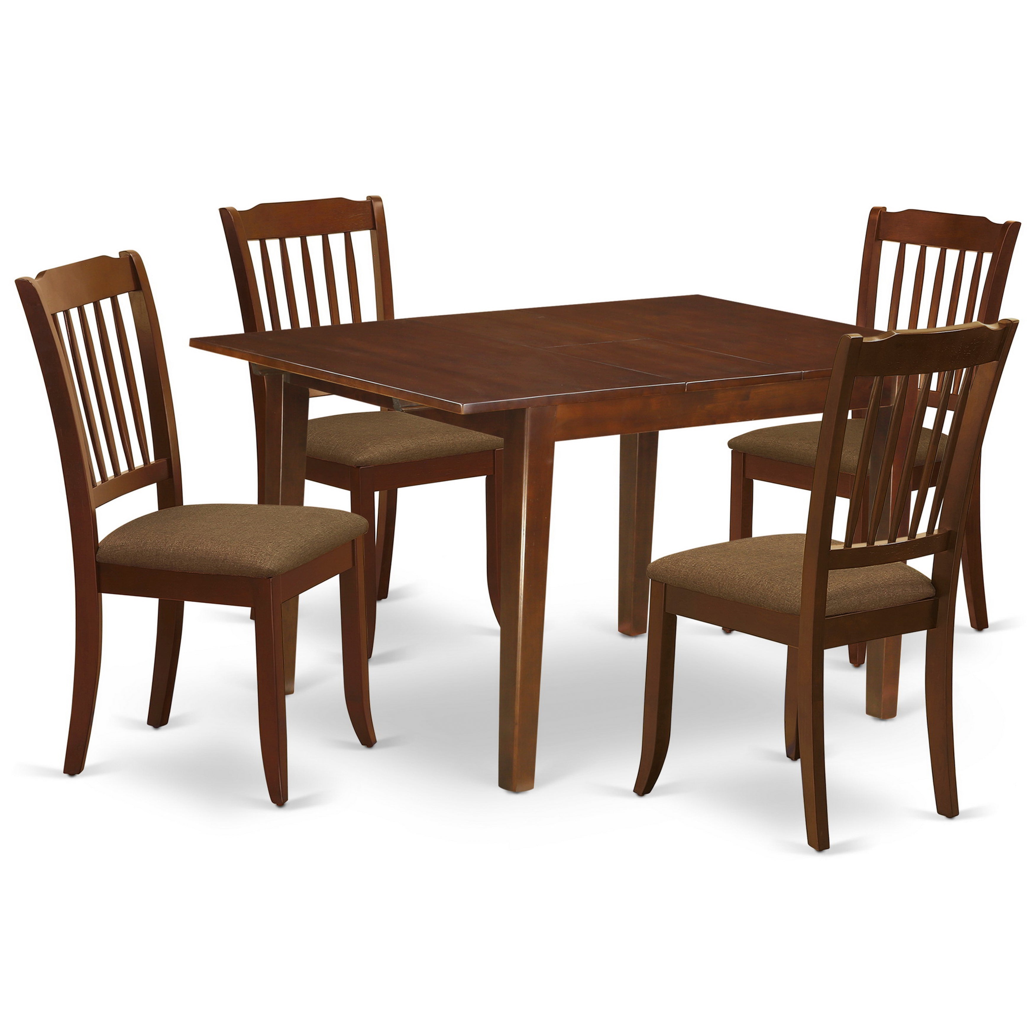 Juego de mesa de comedor moderna de 5 piezas East West Furniture MLDA5-MAH-C. Incluye una mesa rectangular de madera con diseño de hojas de mariposa y 4 sillas tapizadas en tela de lino.