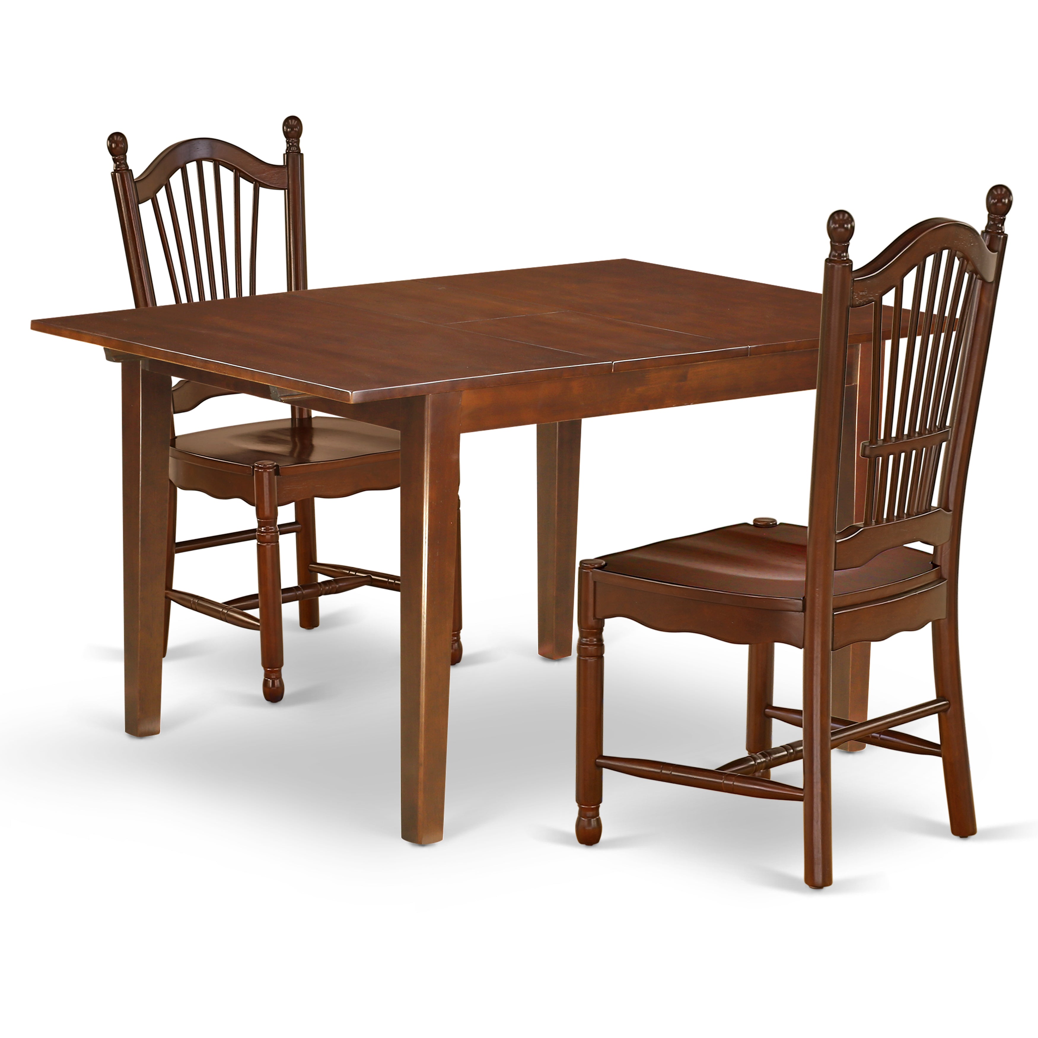 Juego de mesa de comedor moderna de 3 piezas East West Furniture MLDO3-MAH-W. Contiene una mesa rectangular de madera con hojas de mariposa y 2 sillas de comedor.