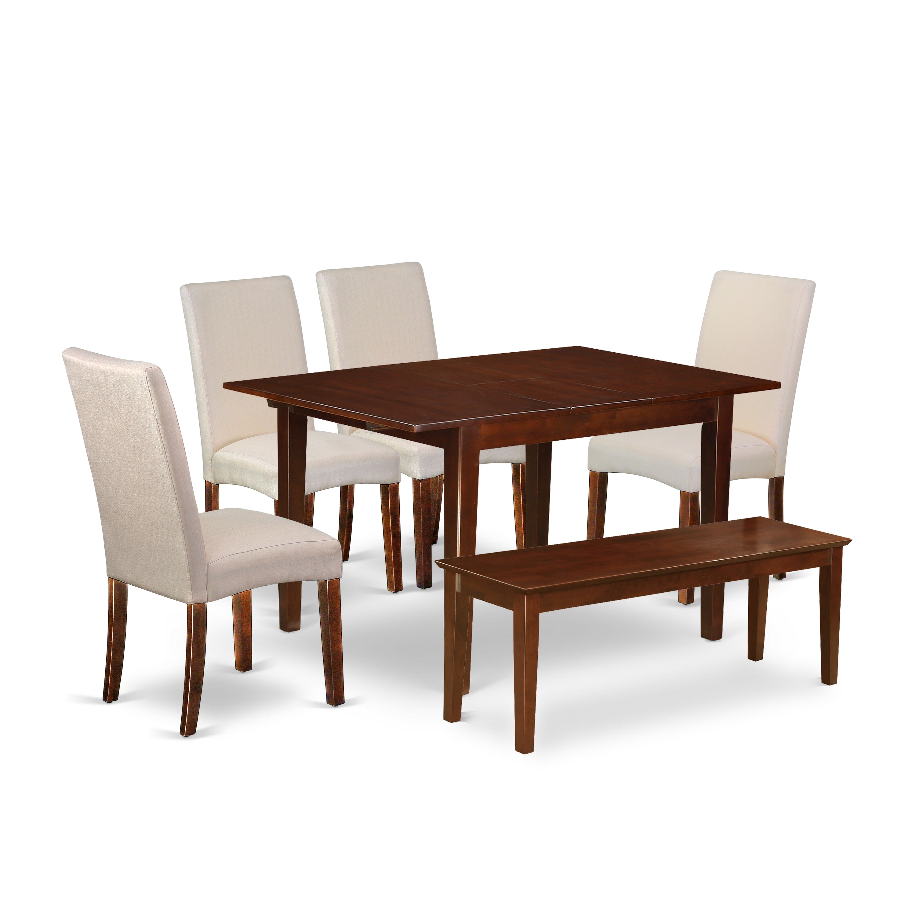 MLDR6C-MAH-01 7Pc Rectangle 42/54" Dining Table And 4 Parson Chair With Mahogany Finish Leg And Linen Fabric- Cream Color Plus 1 Bench