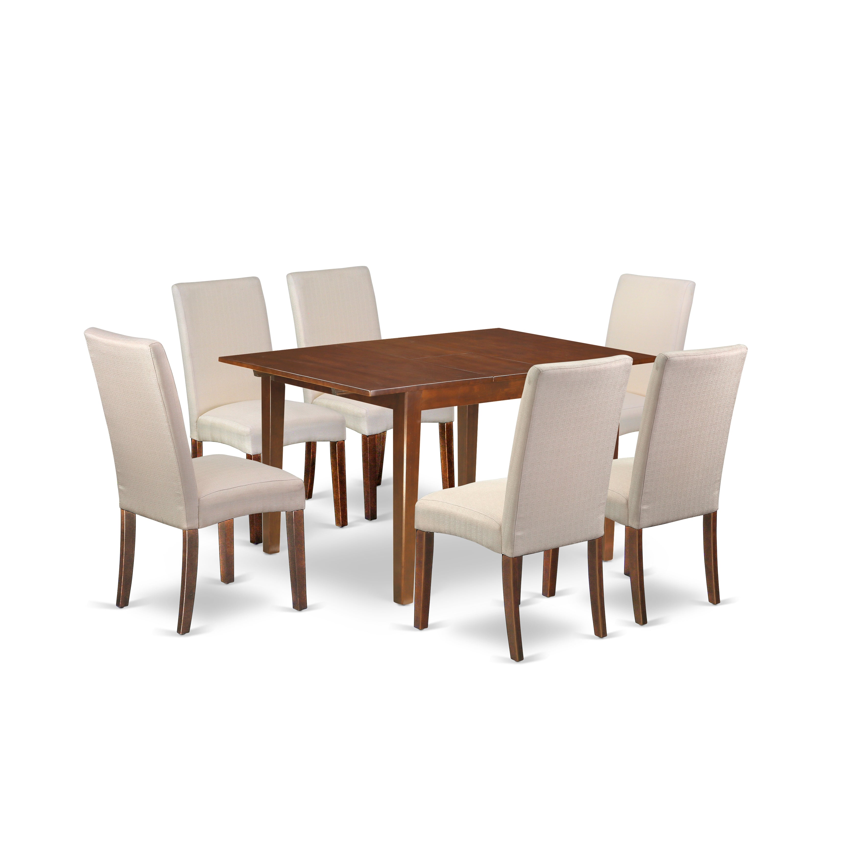 MLDR7-MAH-01 7Pc Rectangle 42/54" Dining Table And 6 Parson Chair With Mahogany Finish Leg And Linen Fabric- Cream Color Plus