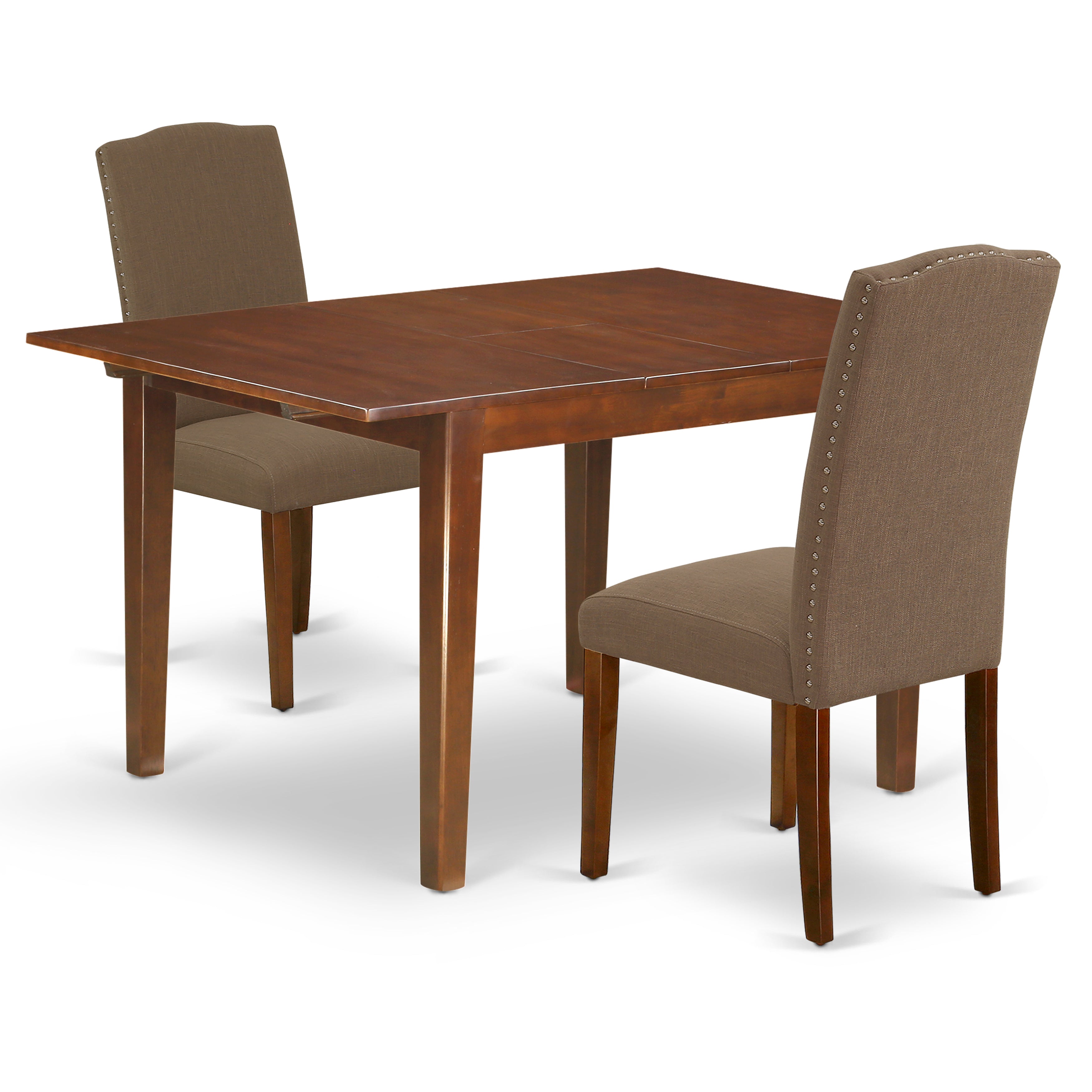 Juego de mesa de comedor de 3 piezas East West Furniture MLEN3-MAH-18. Incluye una mesa de cocina rectangular con diseño de hojas de mariposa y dos sillas Parson de tela de lino color café oscuro.
