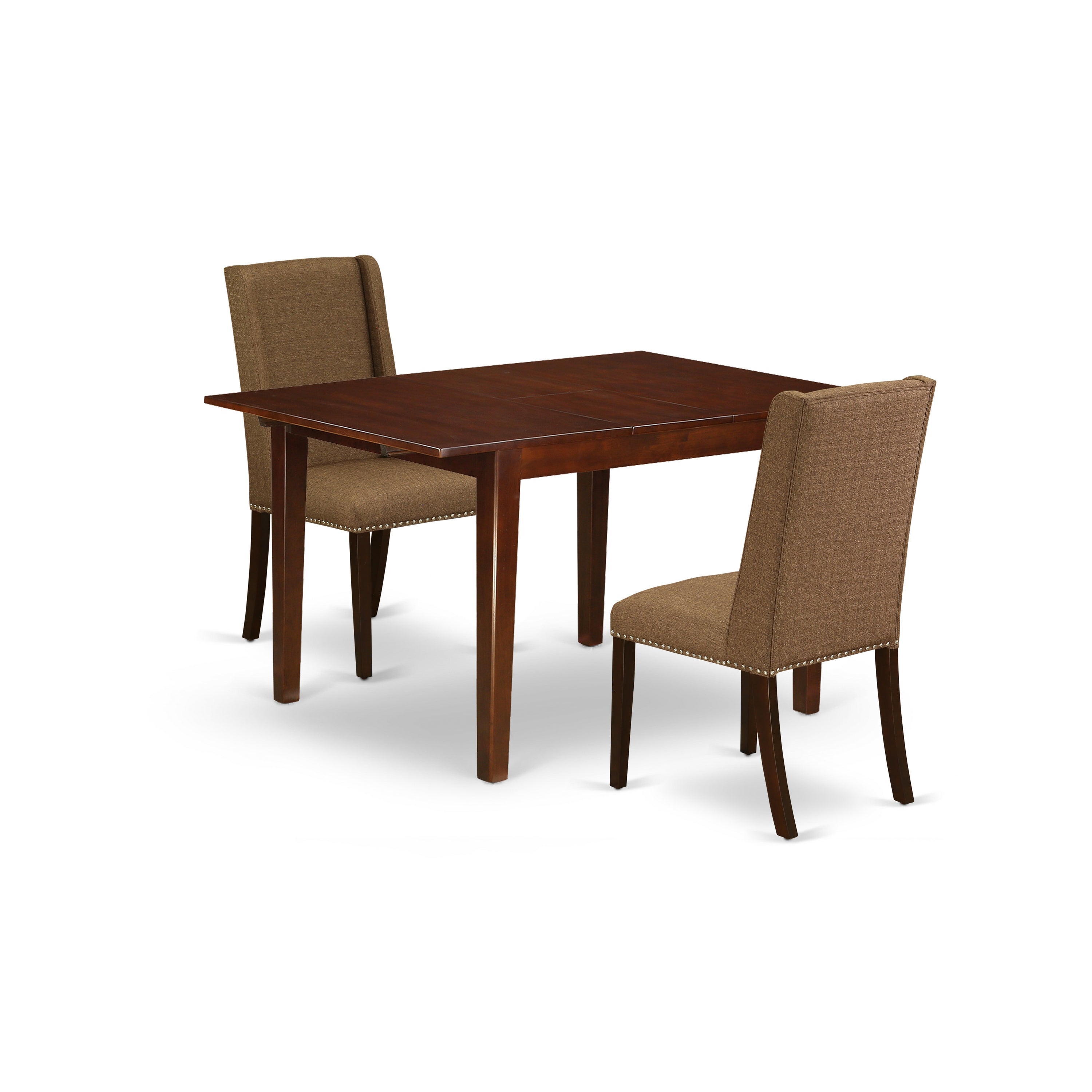 East West Furniture MLFL3-MAH-18 3-Piece Dining Set Included a Rectangular Butterfly Leaf Breakfast Table & 2 Fabric Kitchen Chairs, Brown Beige Linen Fabric Dining Chairs Seat With Rubber Wood Legs, Mahogany Finish