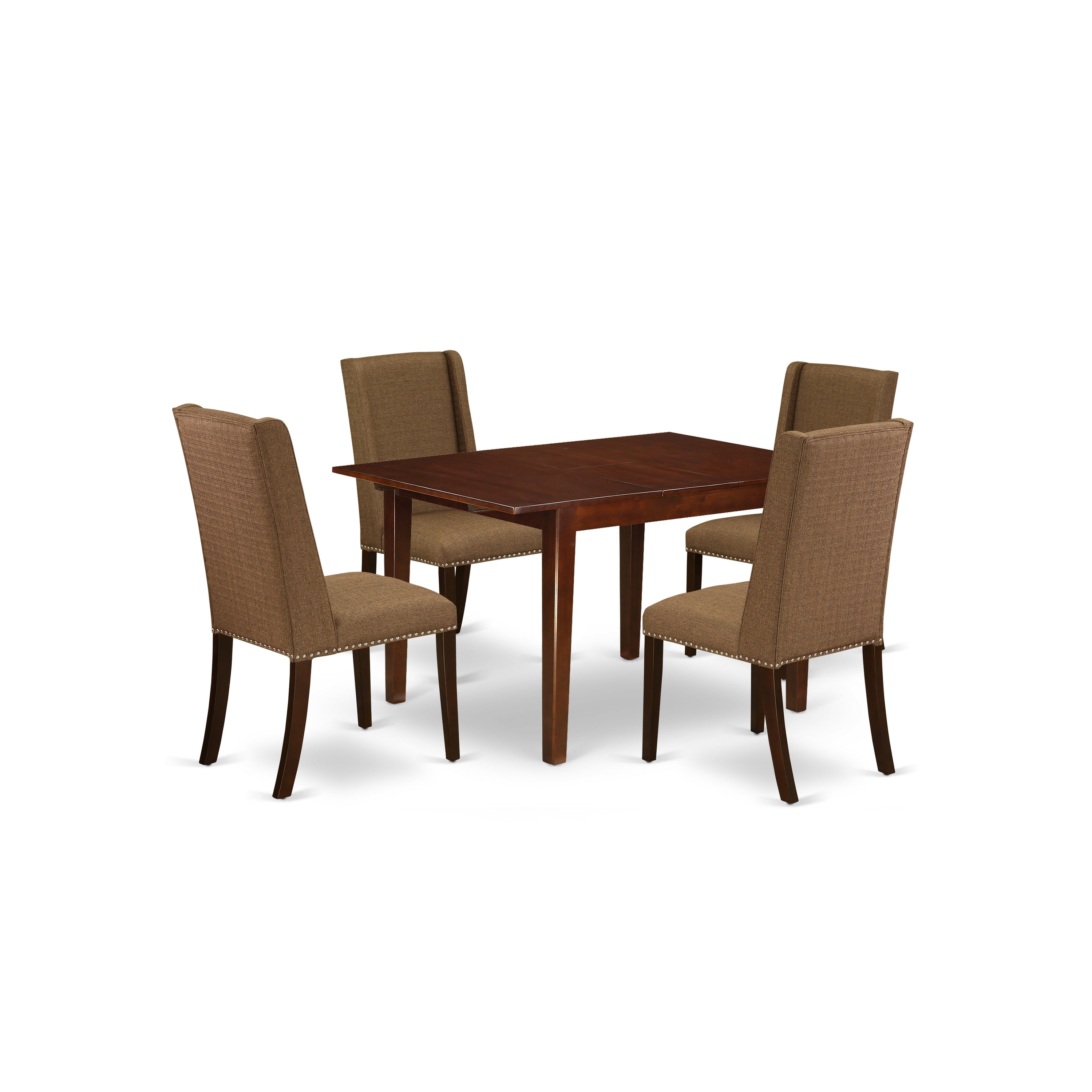 East-West Furniture MLFL5-MAH-18 5-Piece Rectangular Dining Table Set- 4 Parson Chairs and Butterfly Leaf Dining Table Solid Wood Structure -High Back & Mahogany Finish
