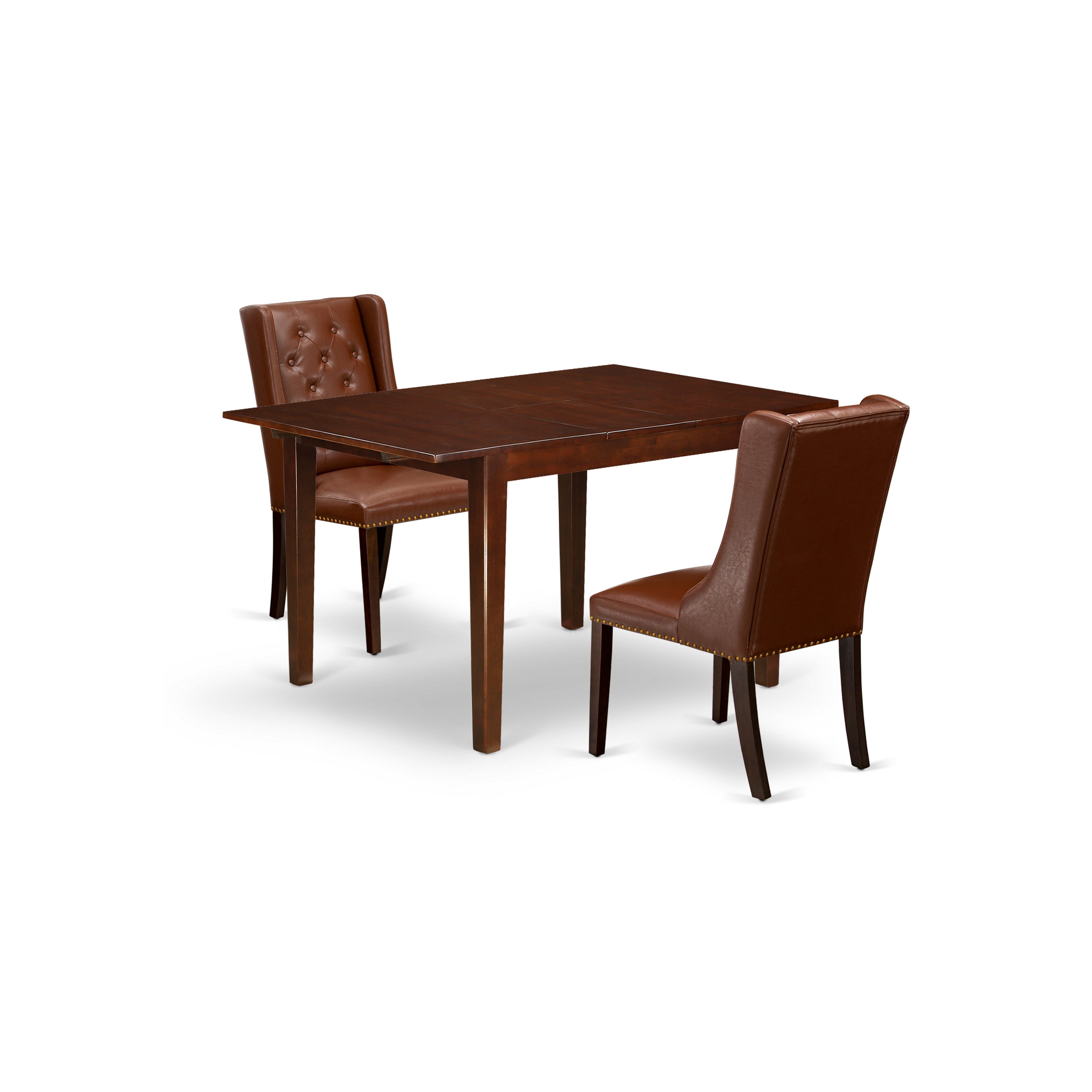 East West Furniture MLFO3-MAH-46 3-Piece Kitchen Table Set Includes 1 Removable leaf Rectangular Dining Table and 2 Brown faux Leather dining room chairs with Button Tufted Back - Mahogany Finish