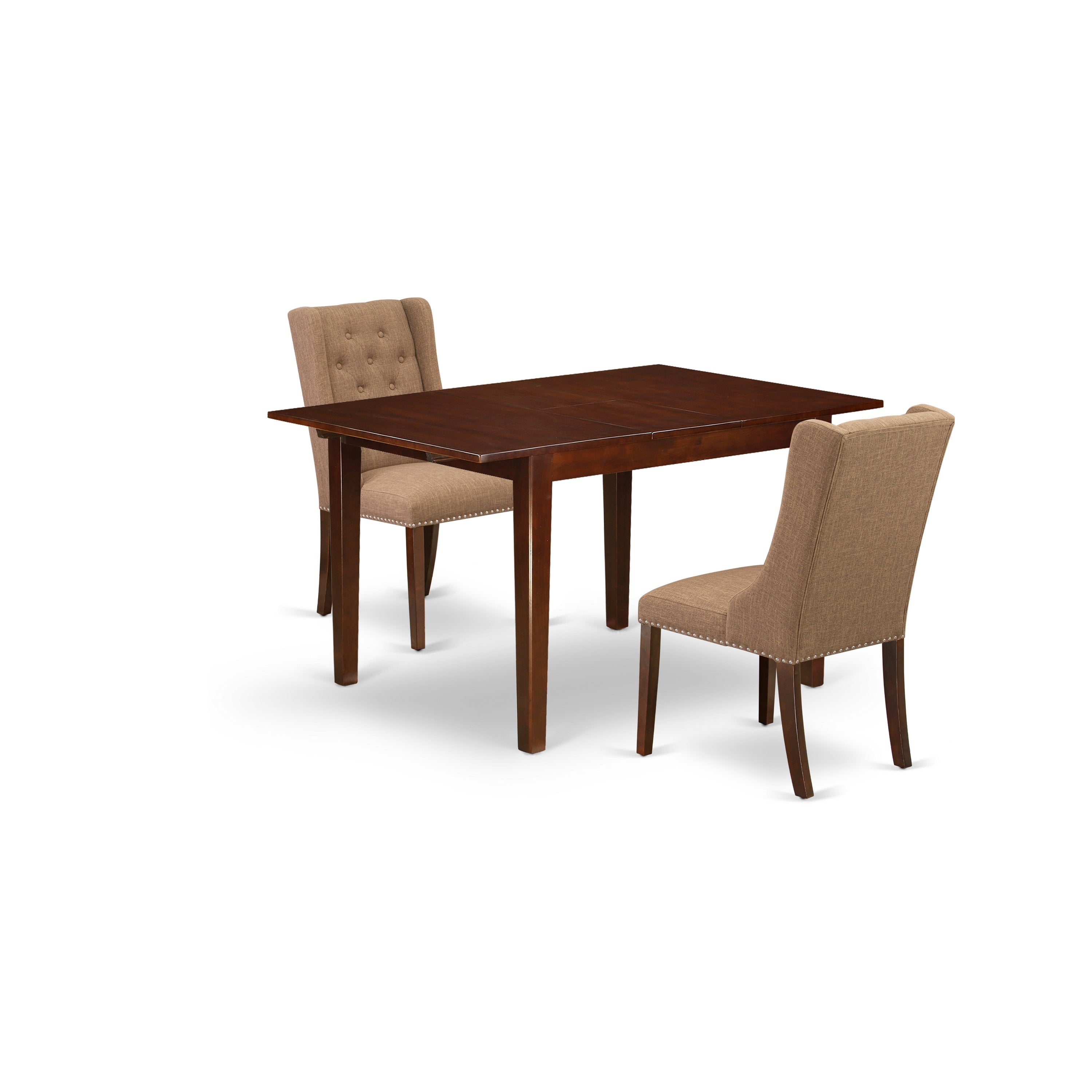 East West Furniture MLFO3-MAH-47 3-Piece Dining Room Set Includes 1 Removable leaf Rectangular Dining Table and 2 Light Sable Linen Fabric Parson Dining Chairs with Button Tufted Back - Mahogany Finish