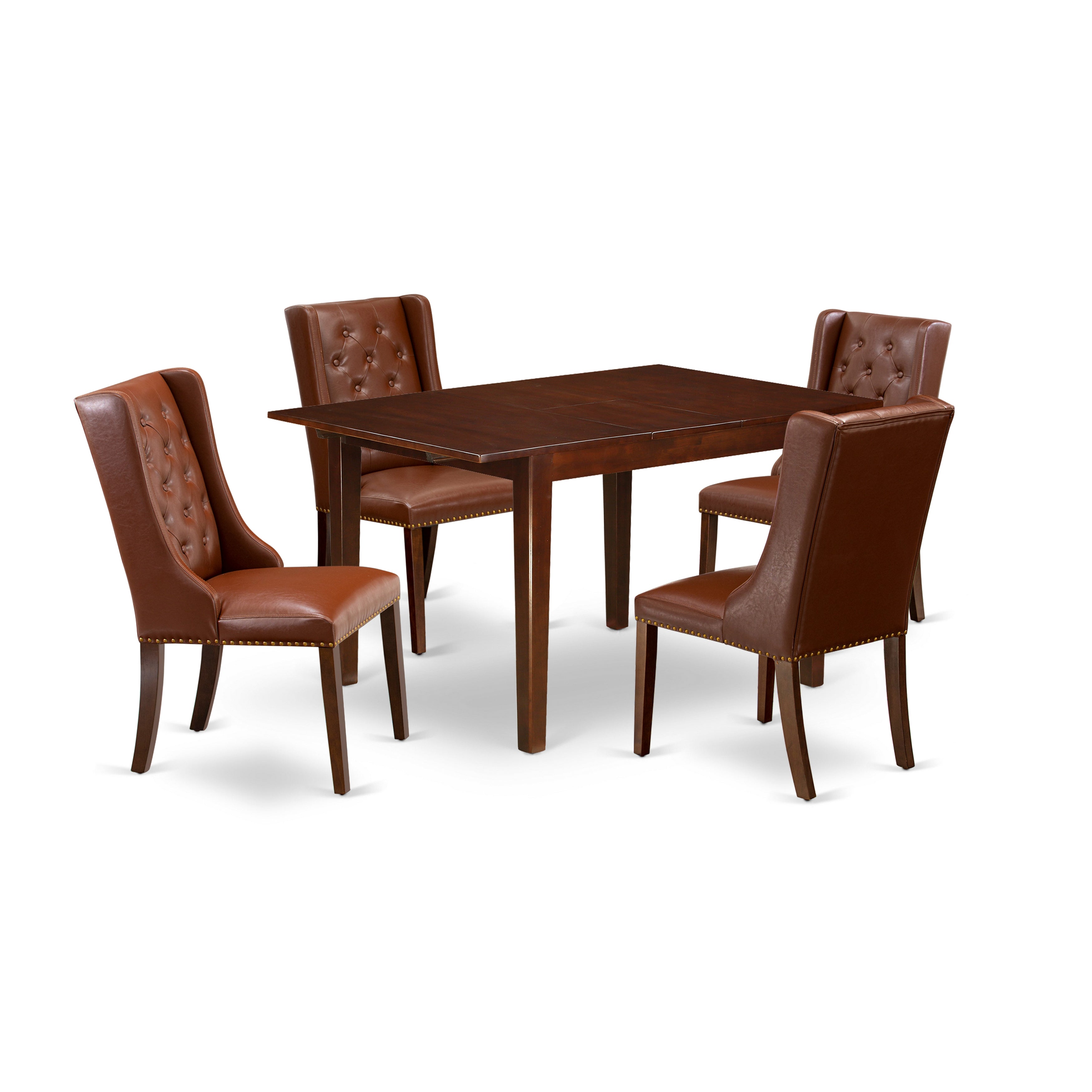East West Furniture MLFO5-MAH-46 5-Pc Dinette Room Set Includes 1 Removable leaf Rectangular Dining Table and 4 Brown faux Leather Padded Parson Chair with Button Tufted Back - Mahogany Finish