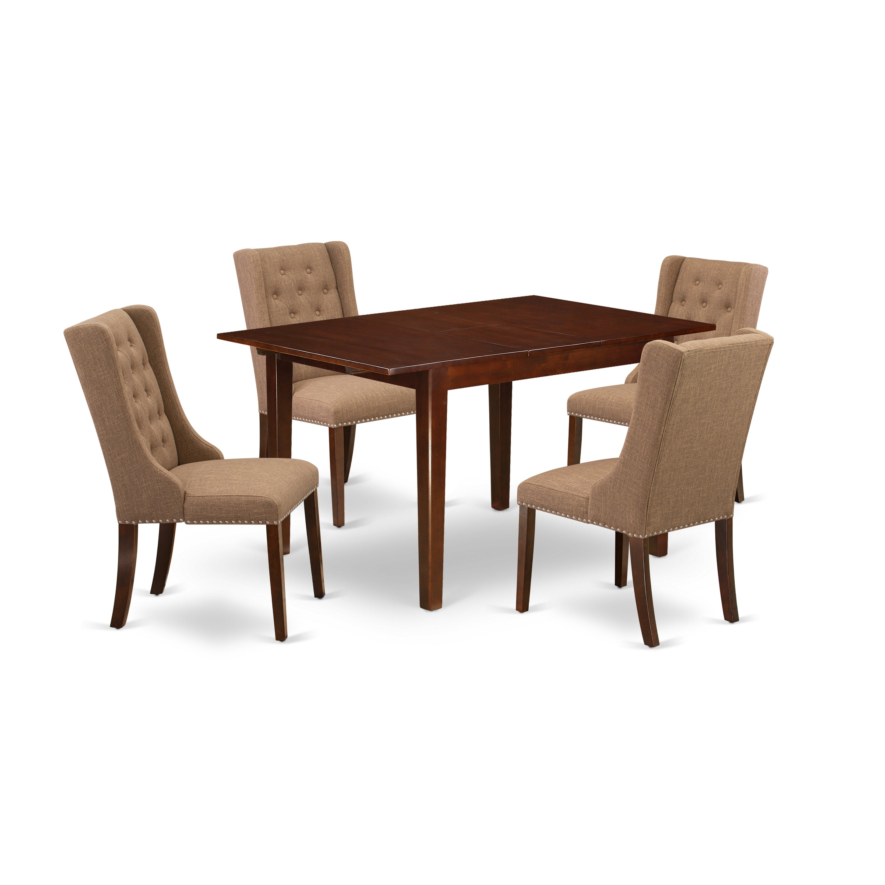 East West Furniture MLFO5-MAH-47 5-Piece Dinette Set Includes 1 Removable leaf Rectangular Kitchen Table and 4 Light Sable Linen Fabric Parson Dining Chairs with Button Tufted Back - Mahogany Finish