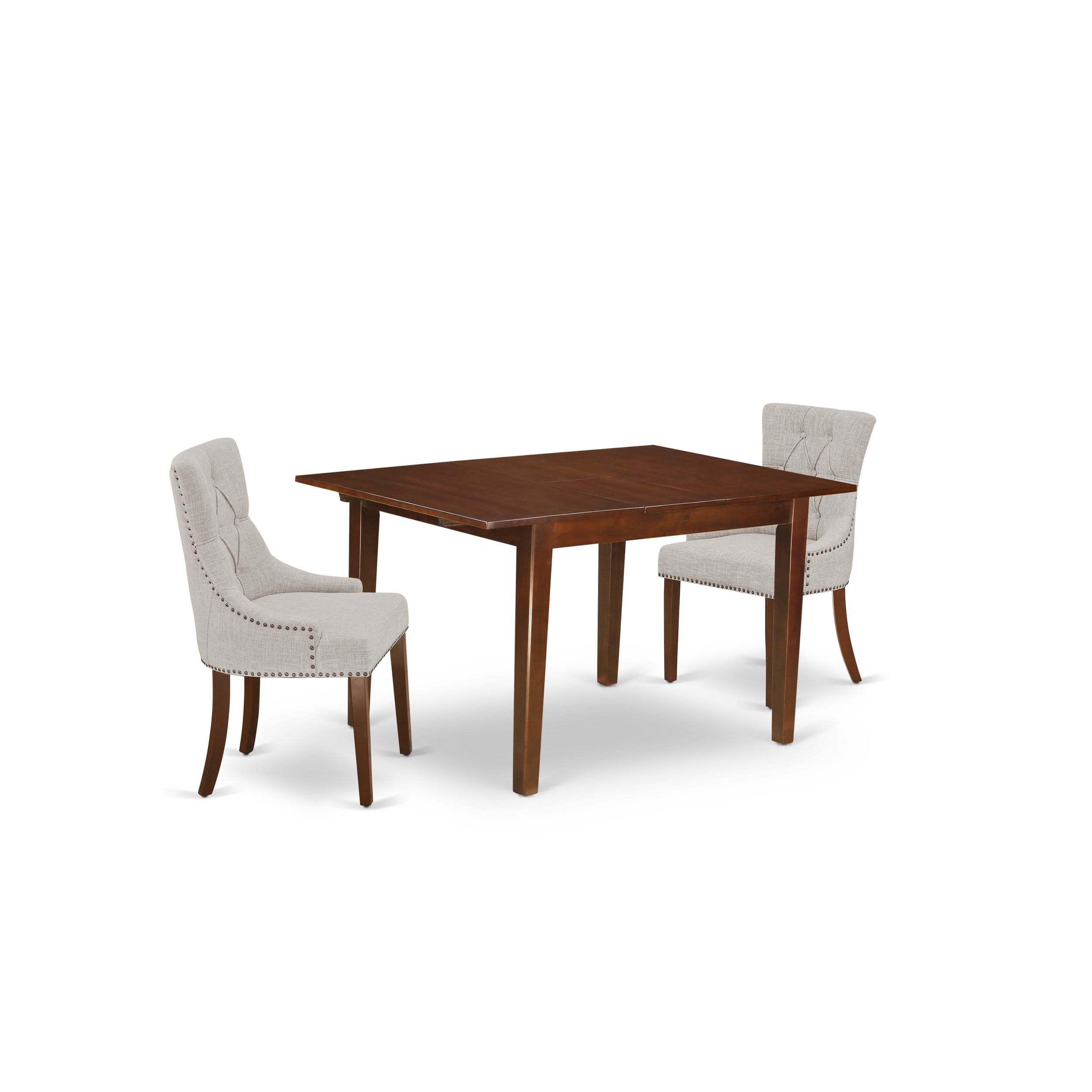 Juego de mesa de comedor de 3 piezas East West Furniture MLFR3-MAH-05. Incluye una mesa de comedor rectangular con diseño de hojas de mariposa y dos sillas Parsons de tela de lino y piel de venado.
