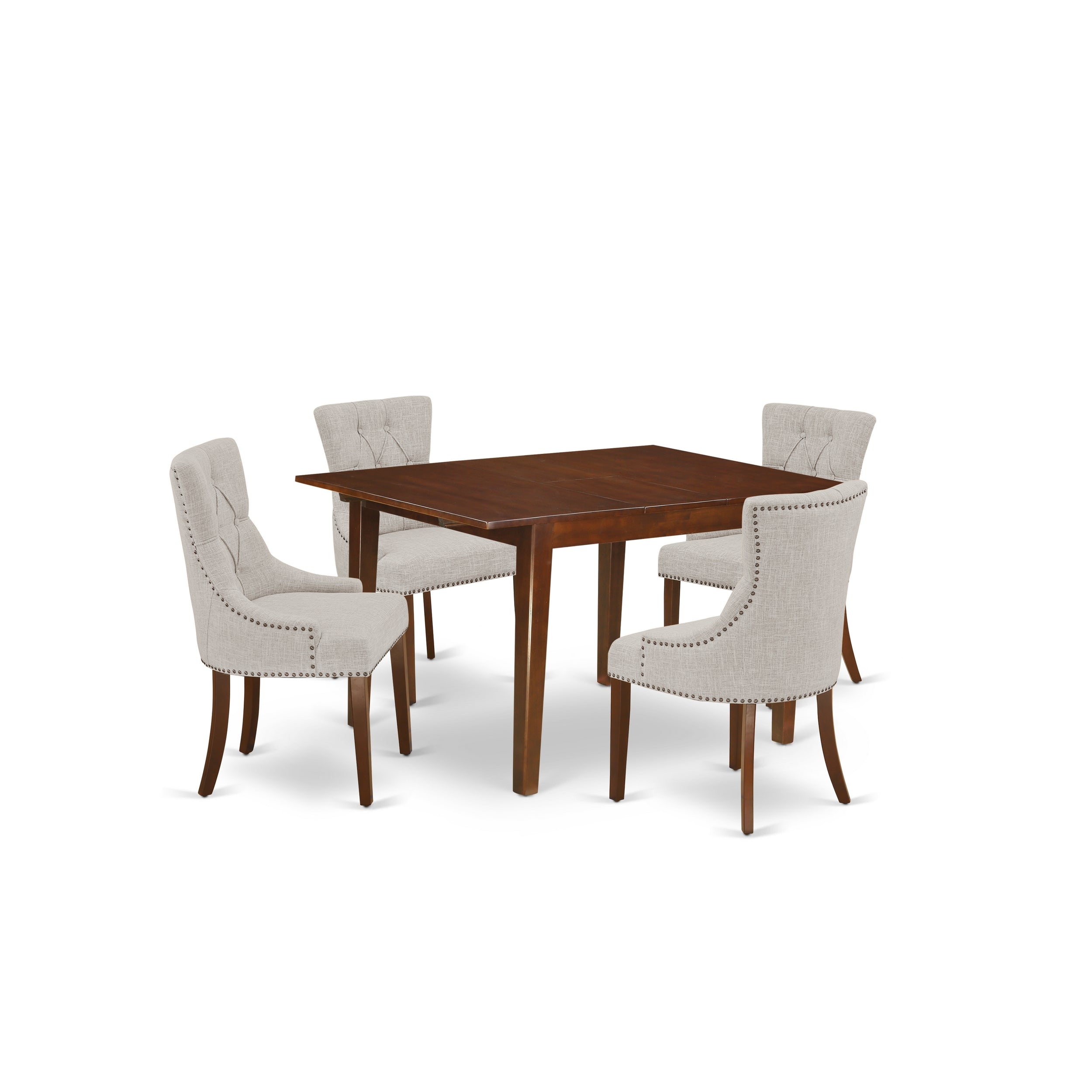 MLFR5-MAH-05 5Pc Dining Set Includes a Rectangle Dinette Table with Butterfly Leaf and Four Parson Chairs with Doeskin Fabric, Mahogany Finish