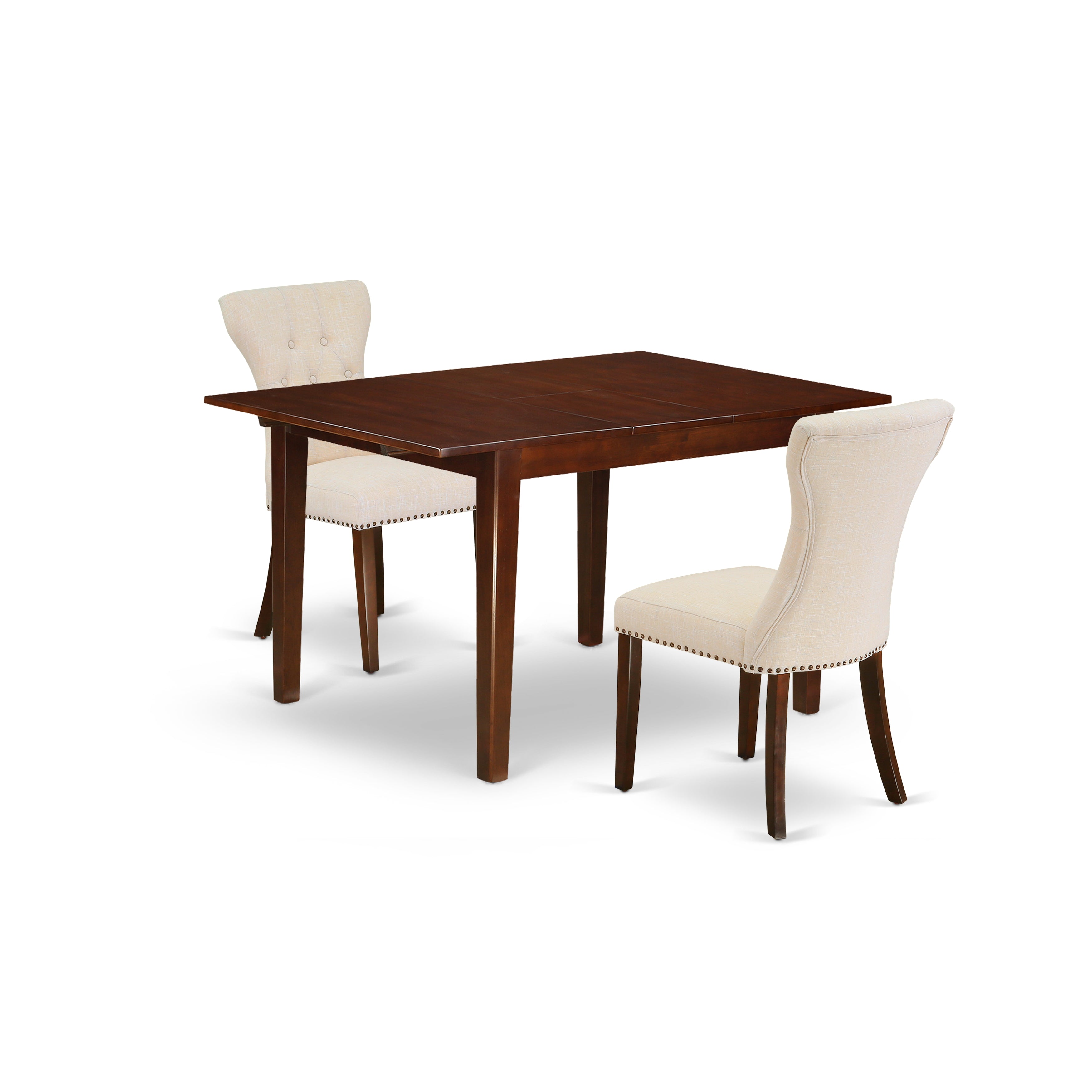 East West Furniture MLGA3-MAH-32 3-Pc Dining Set Included a Rectangular Butterfly Leaf Dining Table & 2 Parson Chairs, Light Beige Linen Fabric Kitchen Chairs Seat with Rubber Wood Legs, Mahogany Finish