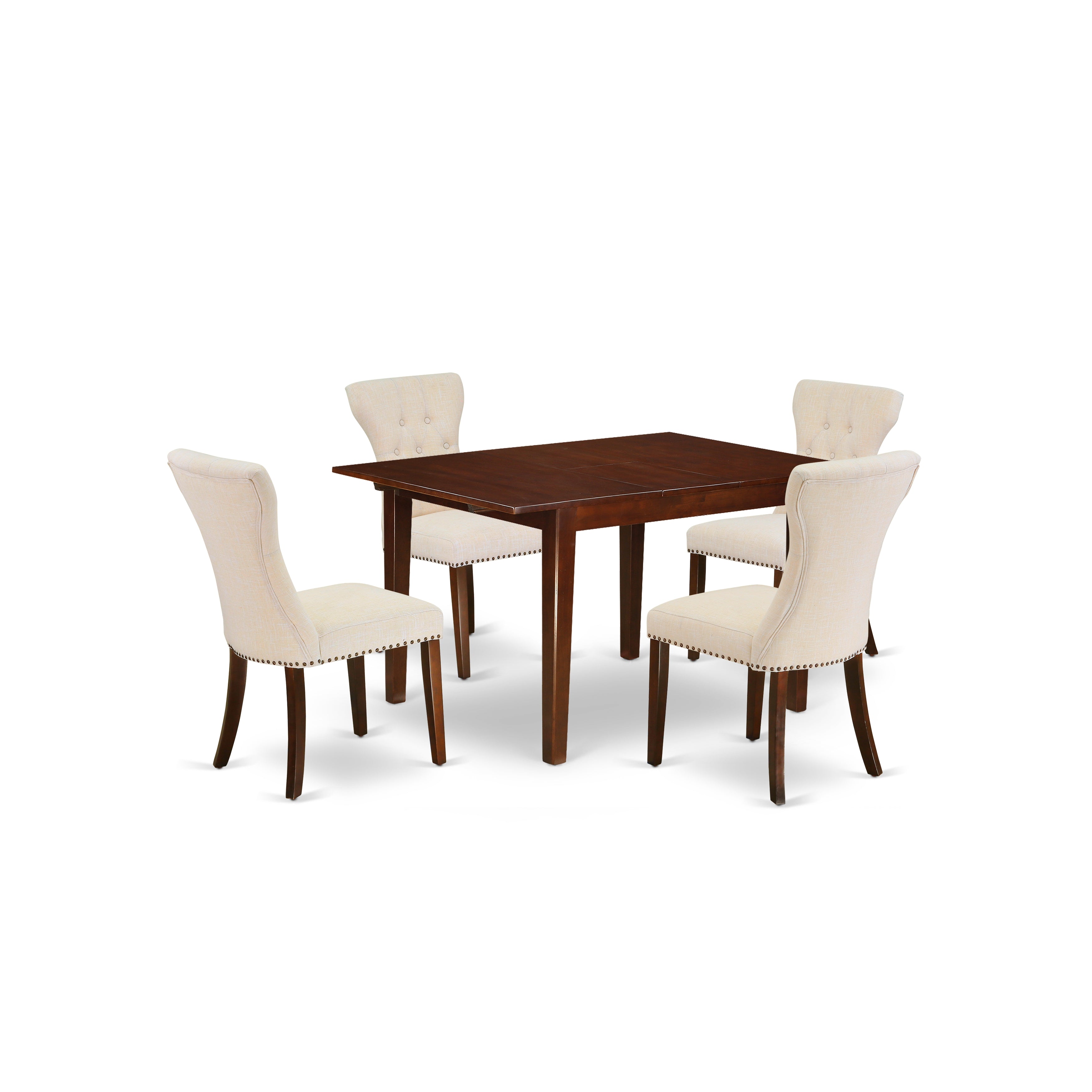 Juego de mesa de comedor moderna de 5 piezas East West Furniture MLGA5-MAH-32. Incluye una mesa rectangular de madera con diseño de hojas de mariposa y 4 sillas Parson de tela de lino beige claro.