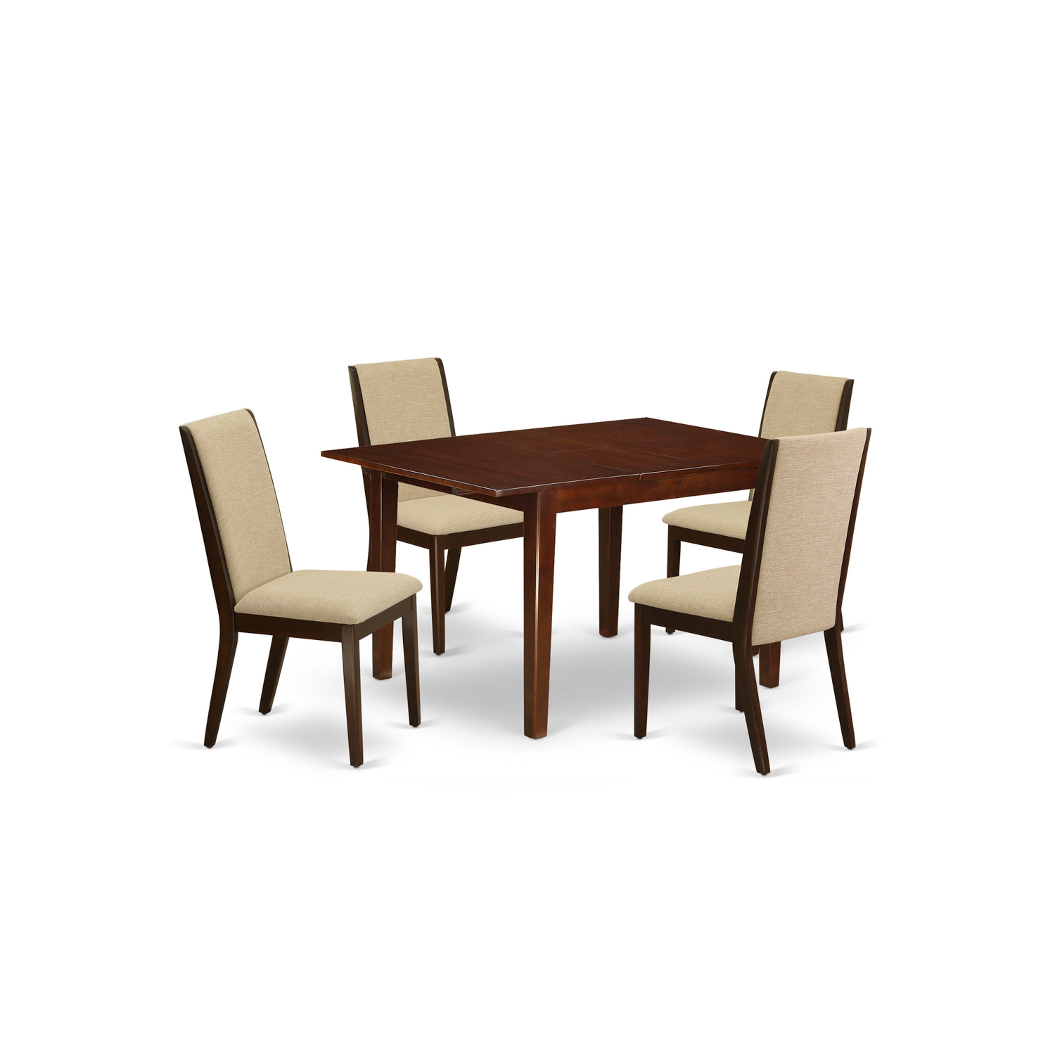 East-West Furniture MLLA5-MAH-04 5-Piece small dining table set- 4 Padded Parson Chairs and Butterfly leaf table hardwood structure -High back & Mahogany Finish