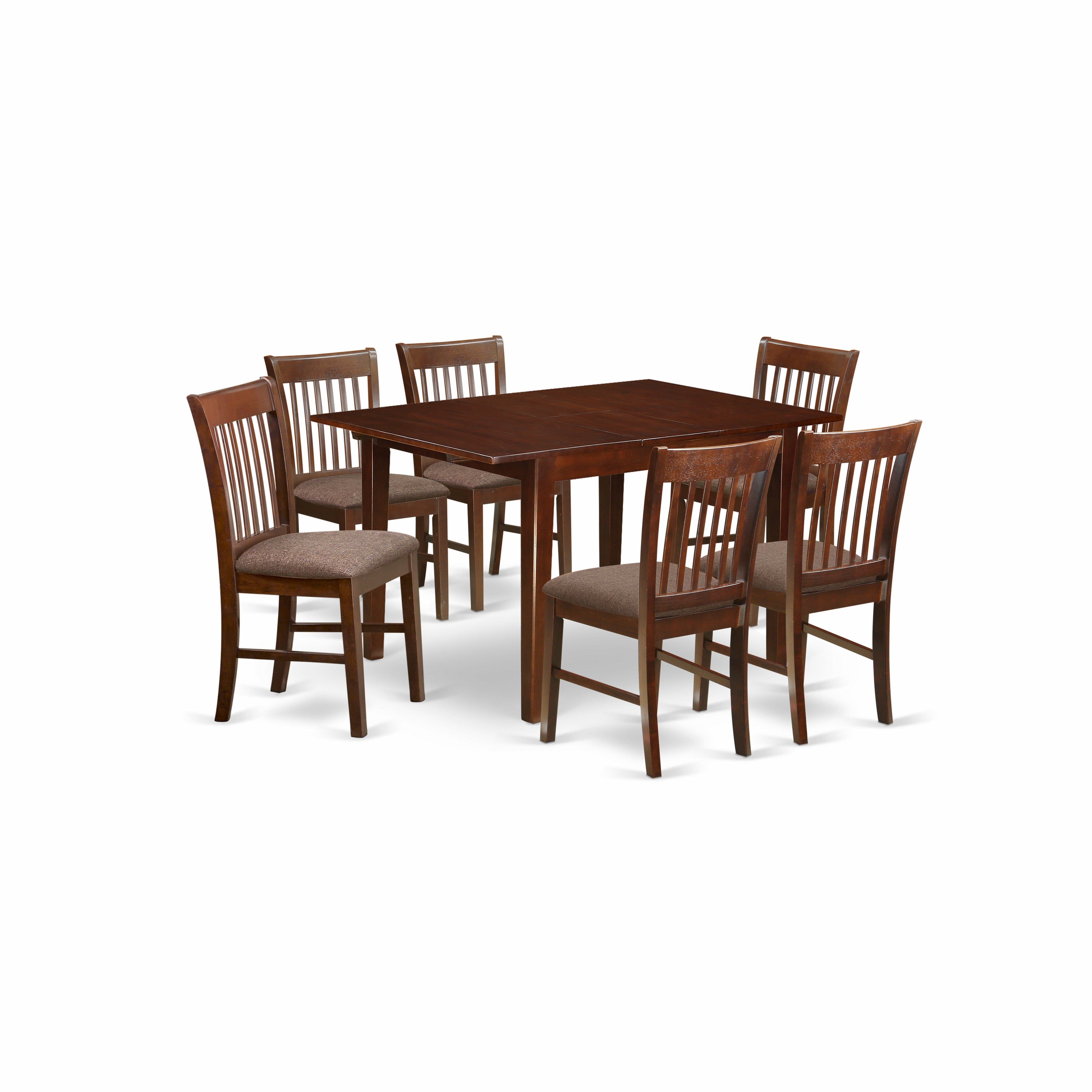 El juego de mesa de cocina East West Furniture MLNO7-MAH-C de 7 piezas consta de una mesa de comedor rectangular con diseño de hojas de mariposa y 6 sillas de comedor de tela de lino.