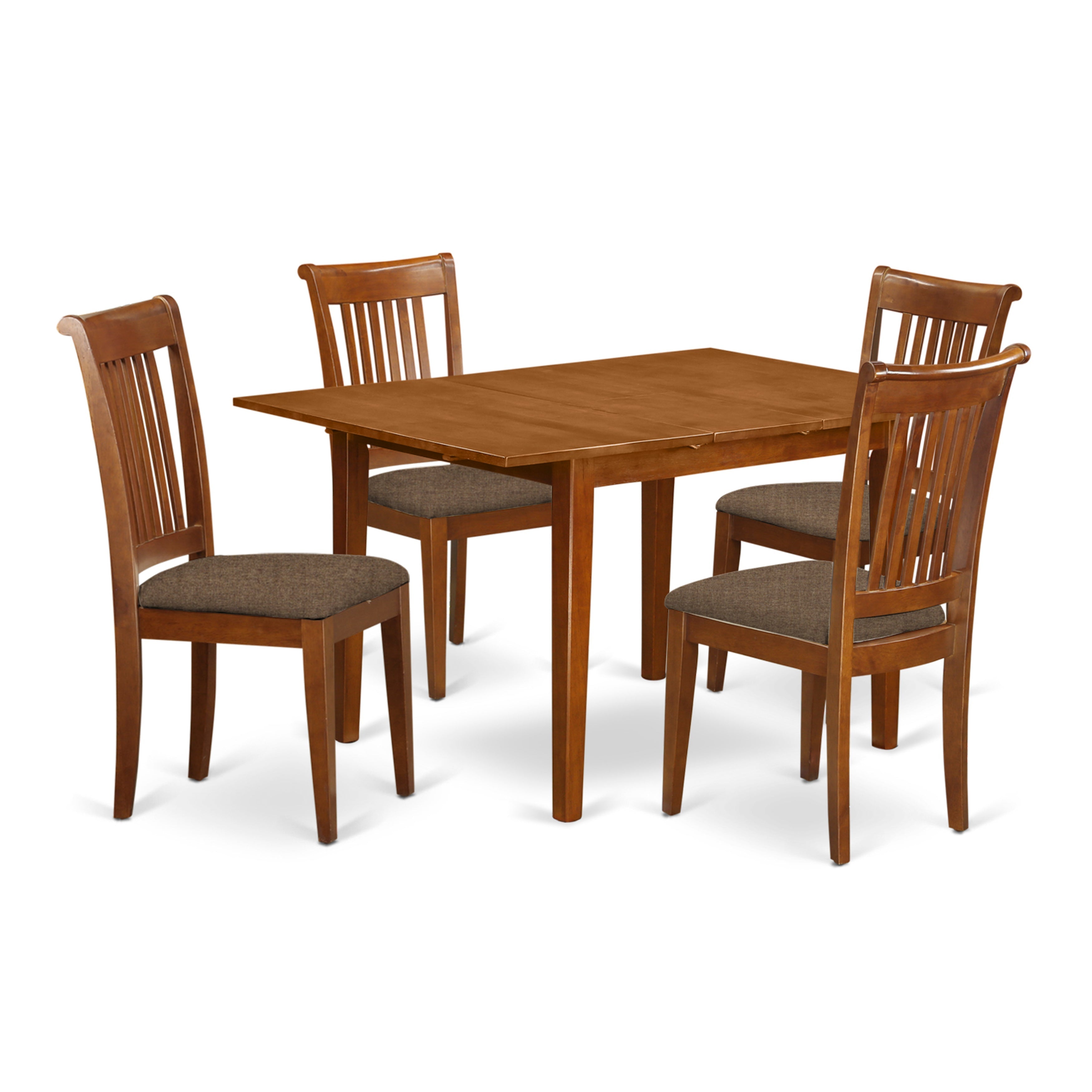 Juego de comedor de 5 piezas East West Furniture MLPO5-SBR-C. Incluye una mesa de comedor rectangular con diseño de hojas de mariposa y 4 sillas de cocina de tela de lino.