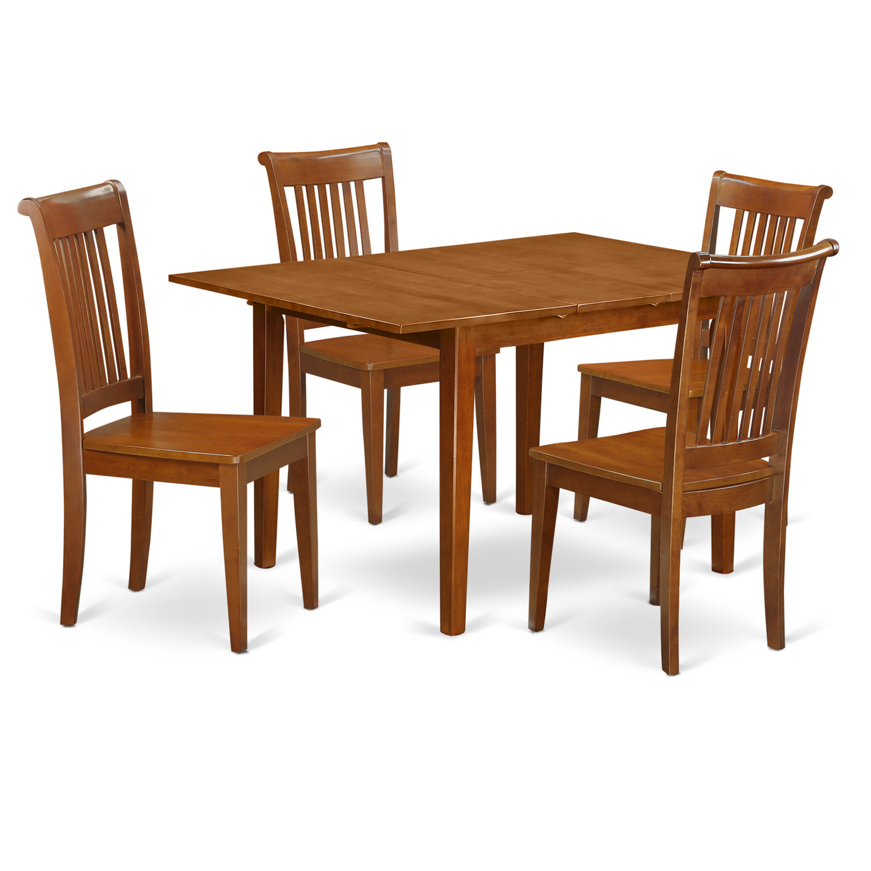 El juego de comedor de 5 piezas MLPO5-SBR-W de East West Furniture incluye una mesa de comedor rectangular con diseño de hojas de mariposa y 4 sillas de cocina.