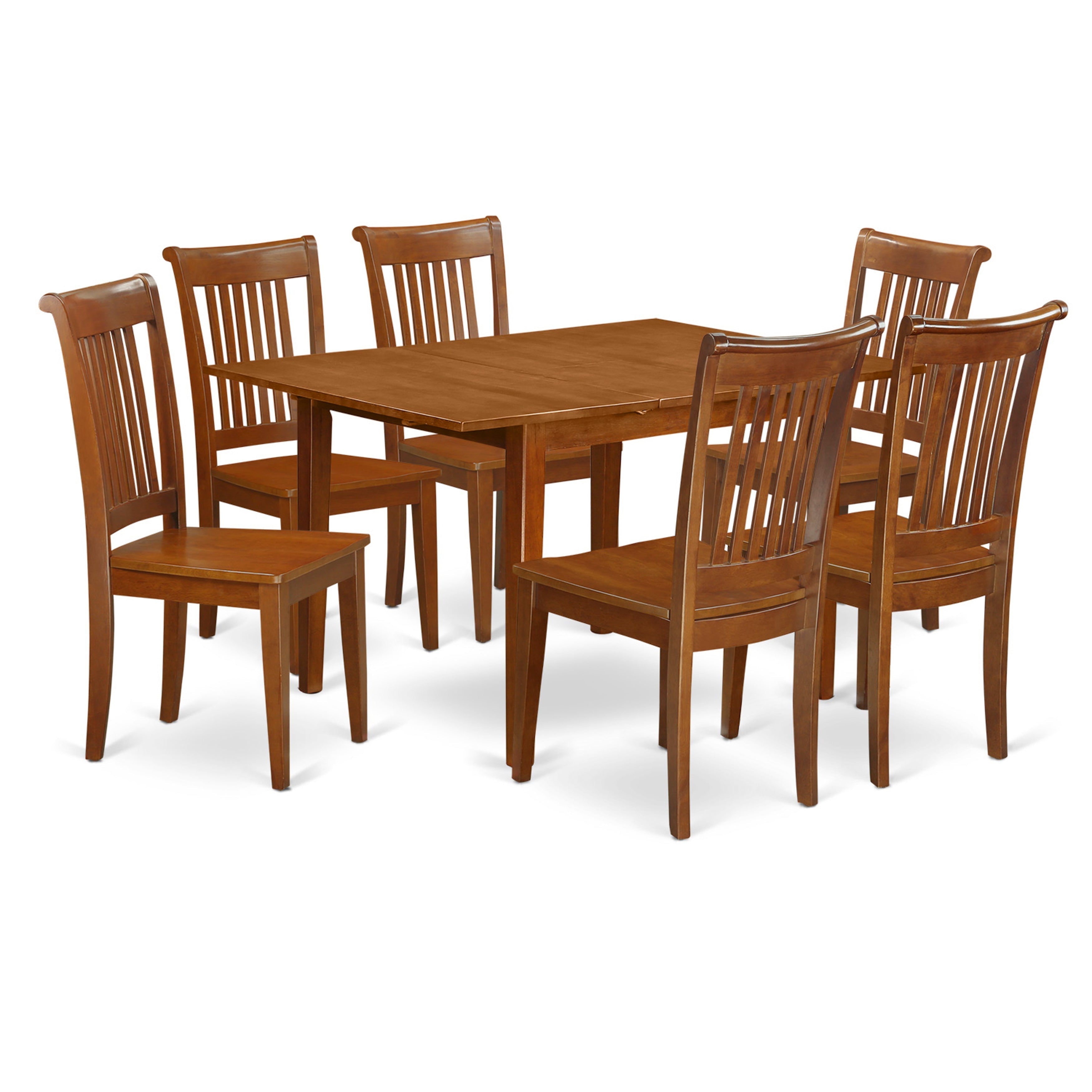 Juego de mesa de comedor East West Furniture MLPO7-SBR-W de 7 piezas compuesto por una mesa rectangular con diseño de hojas de mariposa y 6 sillas de madera.