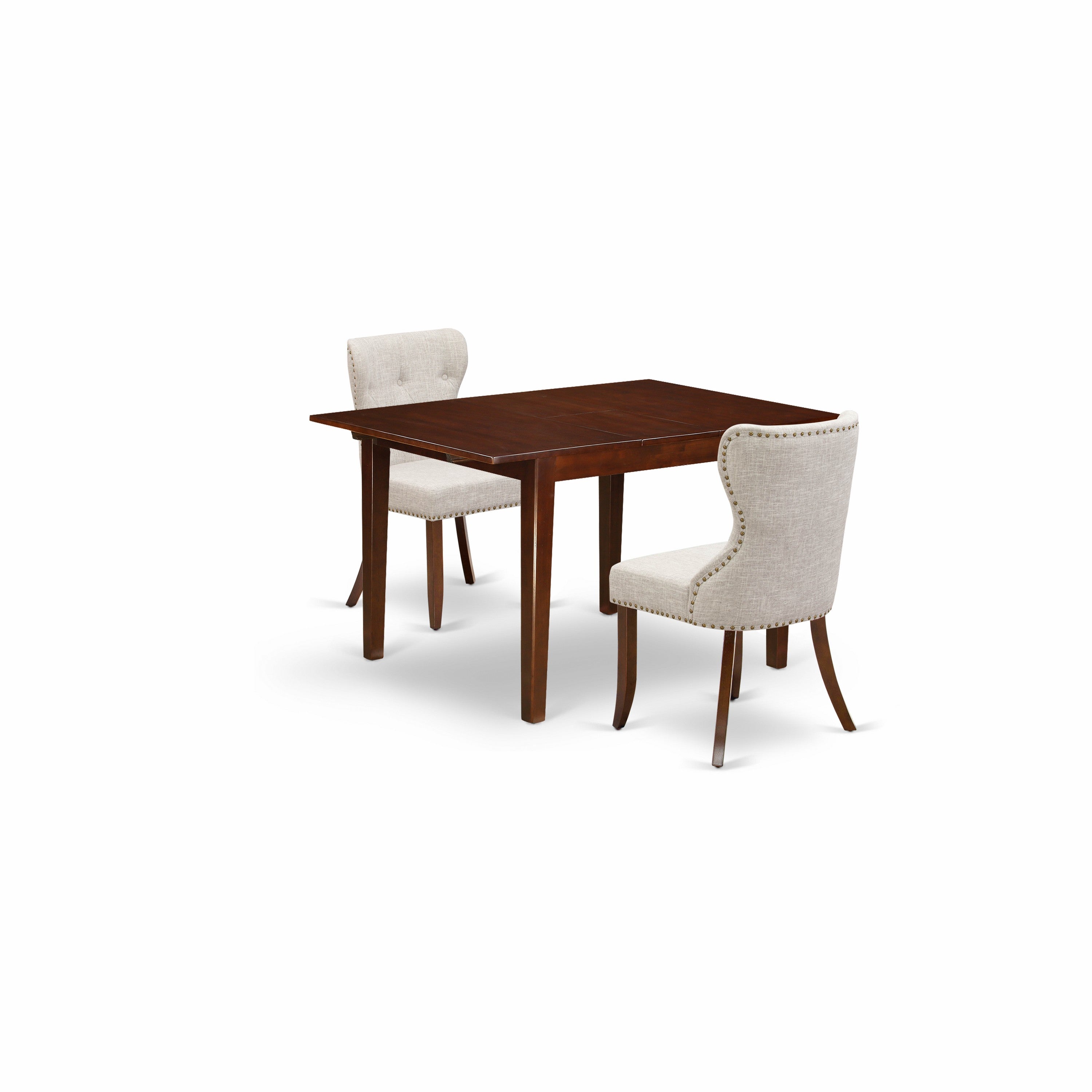 Juego de mesa y sillas de cocina de 3 piezas MLSI3-MAH-35 de East West Furniture. Incluye una mesa rectangular de madera con diseño de hojas de mariposa y dos sillas Parsons de tela de lino y piel de venado.