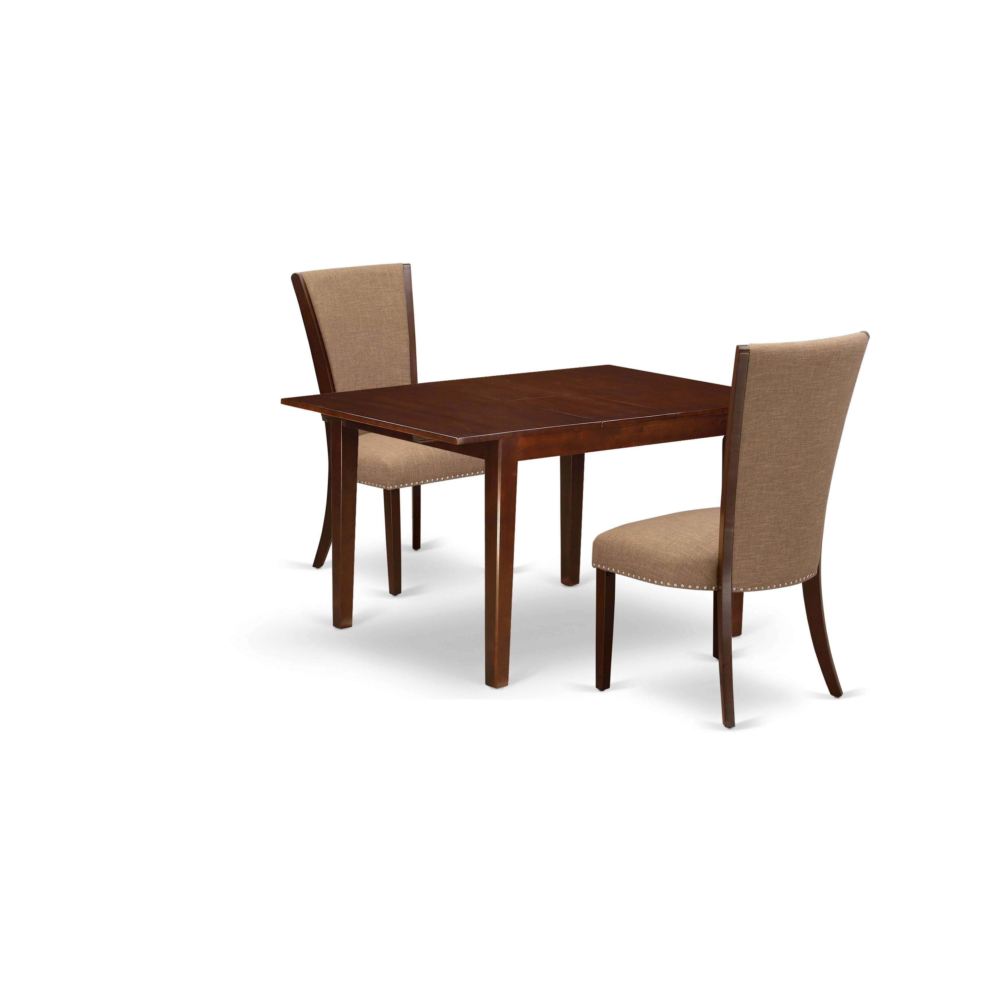 EAST WEST FURNITURE - MLVE3-MAH-47 - 3 Piece Dining Table Set - 2 Light Sable Linen Fabric Dining Chairs with High Back and 1 Removable leaf Kitchen Dining Table - Mahogany Finish