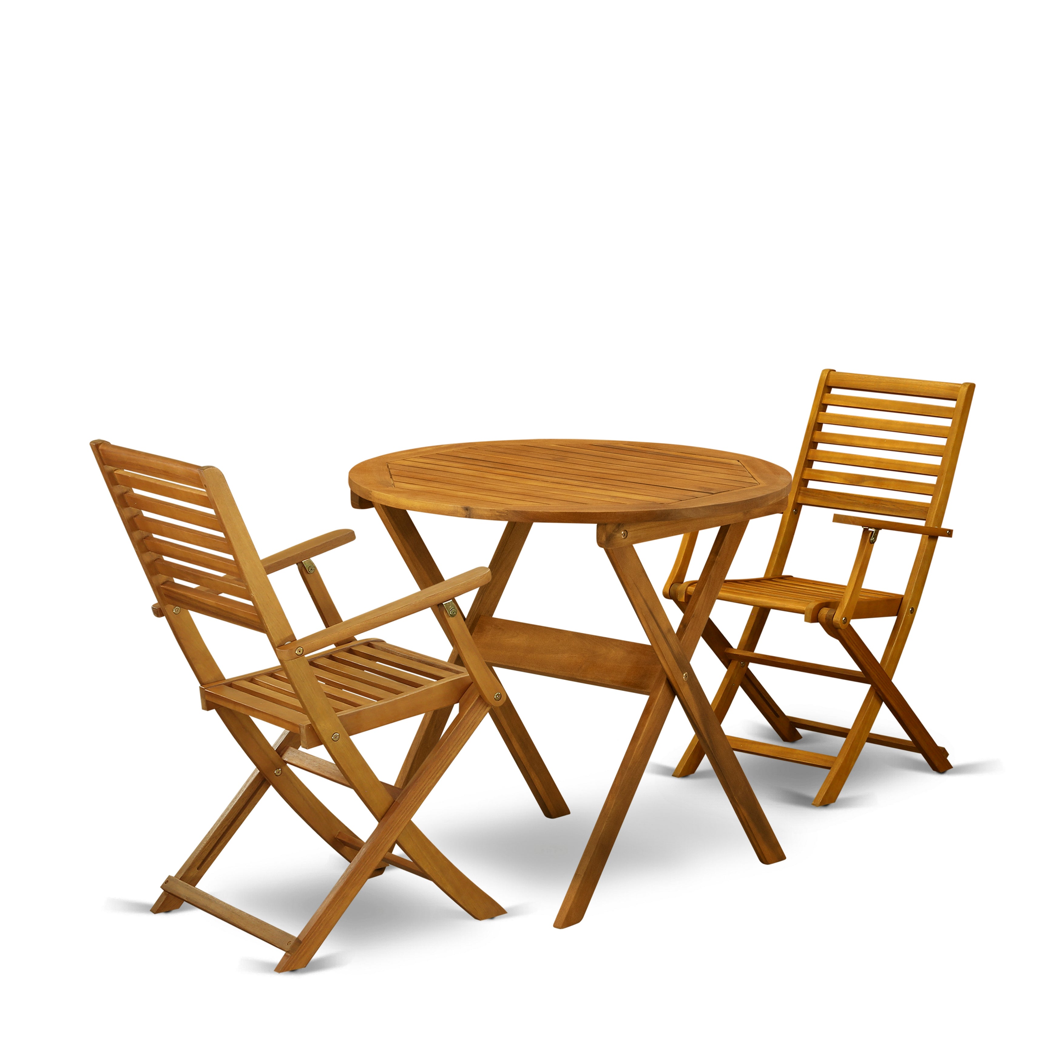 East West Furniture MNBS3CANA 3-Piece Outdoor Dining Table Set Includes a Bistro Table and 2 Folding Dining Chairs Perfect for Garden, Terrace, Bistro, and Porch - Natural Oil Finish