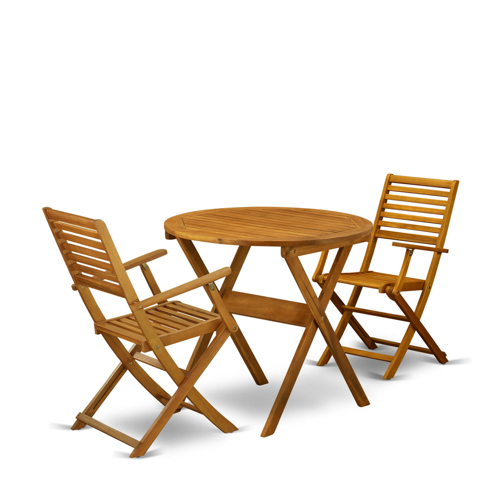 East West Furniture MNBS3CANA 3 Piece Outdoor Conversation Bistro Set Contains a Round Acacia Wood Coffee Table and 2 Folding Arm Chairs