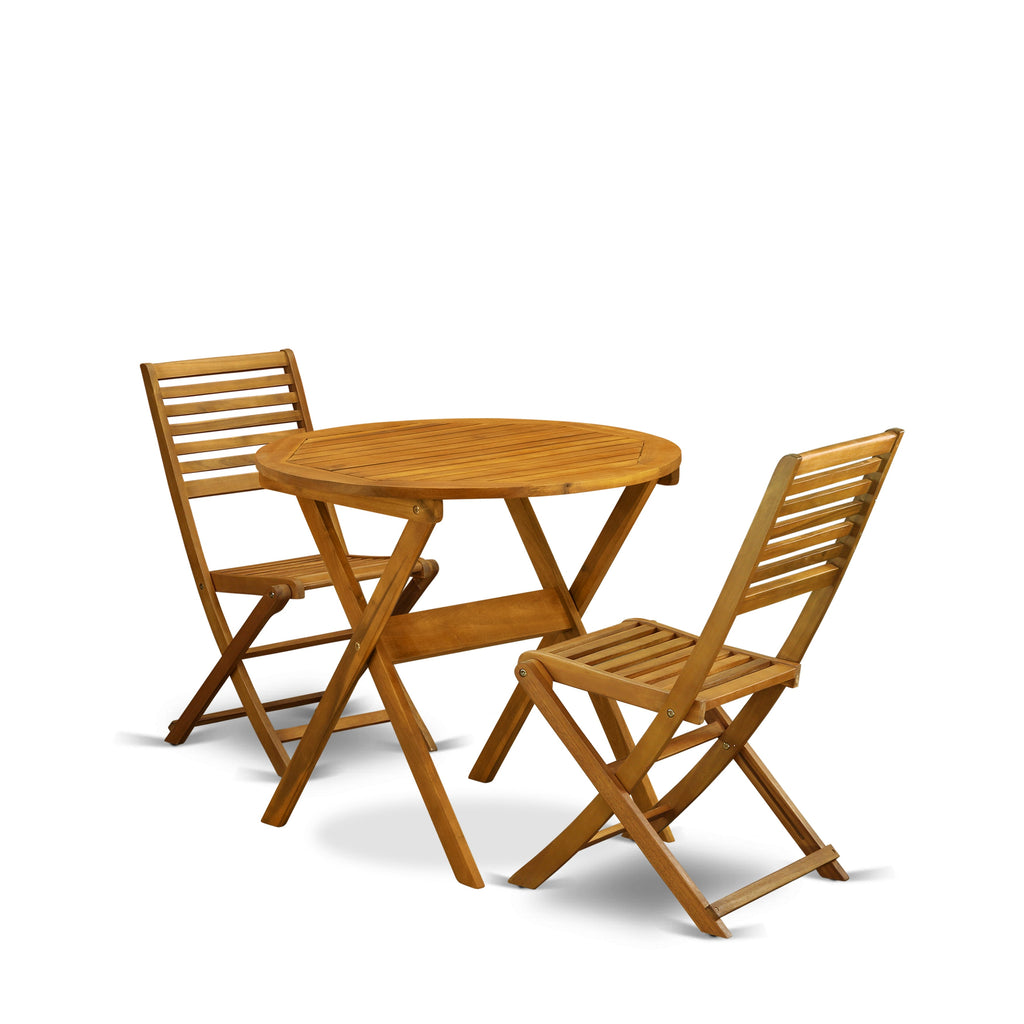 East West Furniture MNBS3CWNA 3 Piece Outdoor Conversation Bistro Set Contains a Round Acacia Wood Coffee Table and 2 Folding Side Chairs