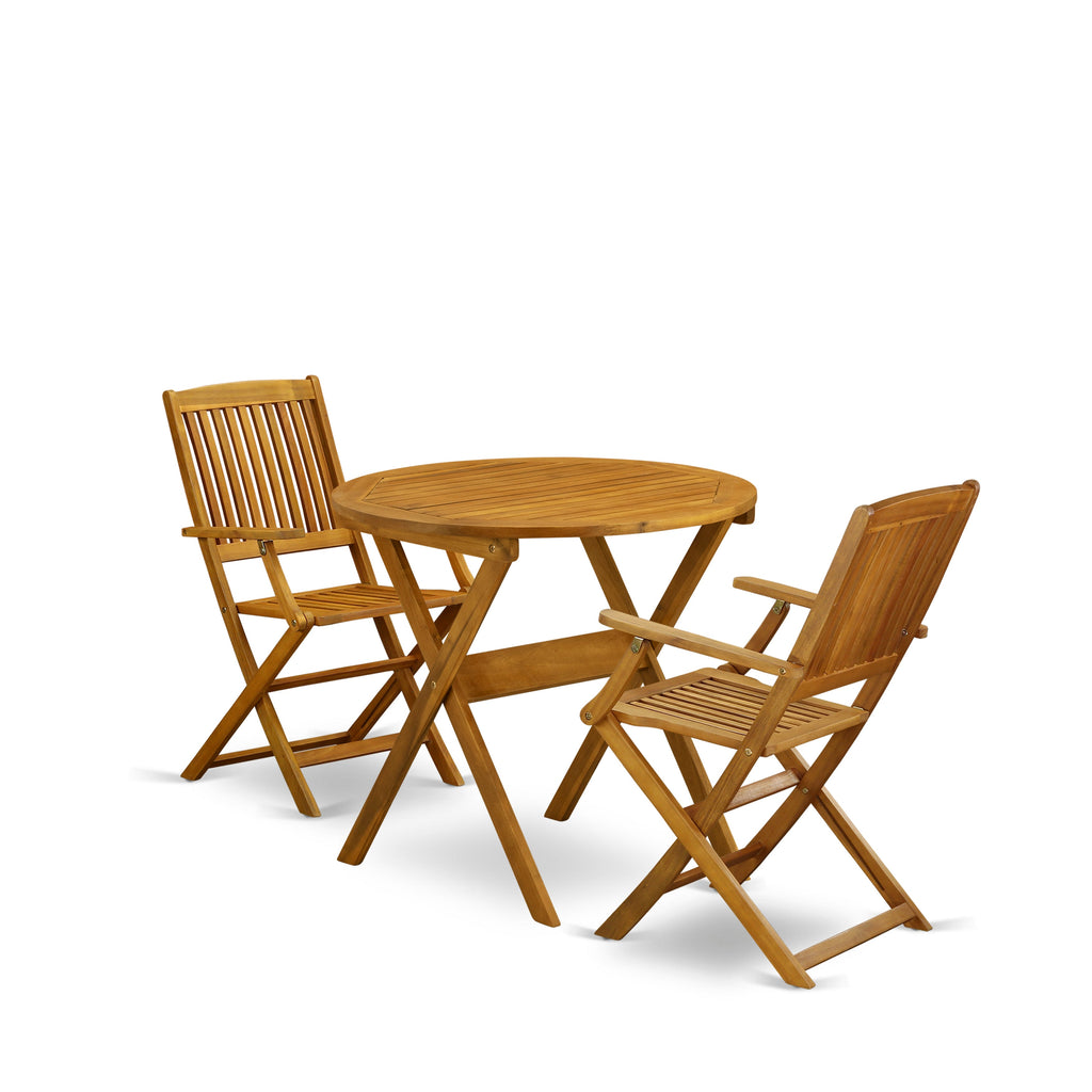 East West Furniture MNCM3CANA 3 Piece Folding Patio Bistro Sets Outdoor Set Contains a Round Acacia Wood Coffee Table and 2 Folding Arm Chairs, 30x30 Inch, Natural Oil