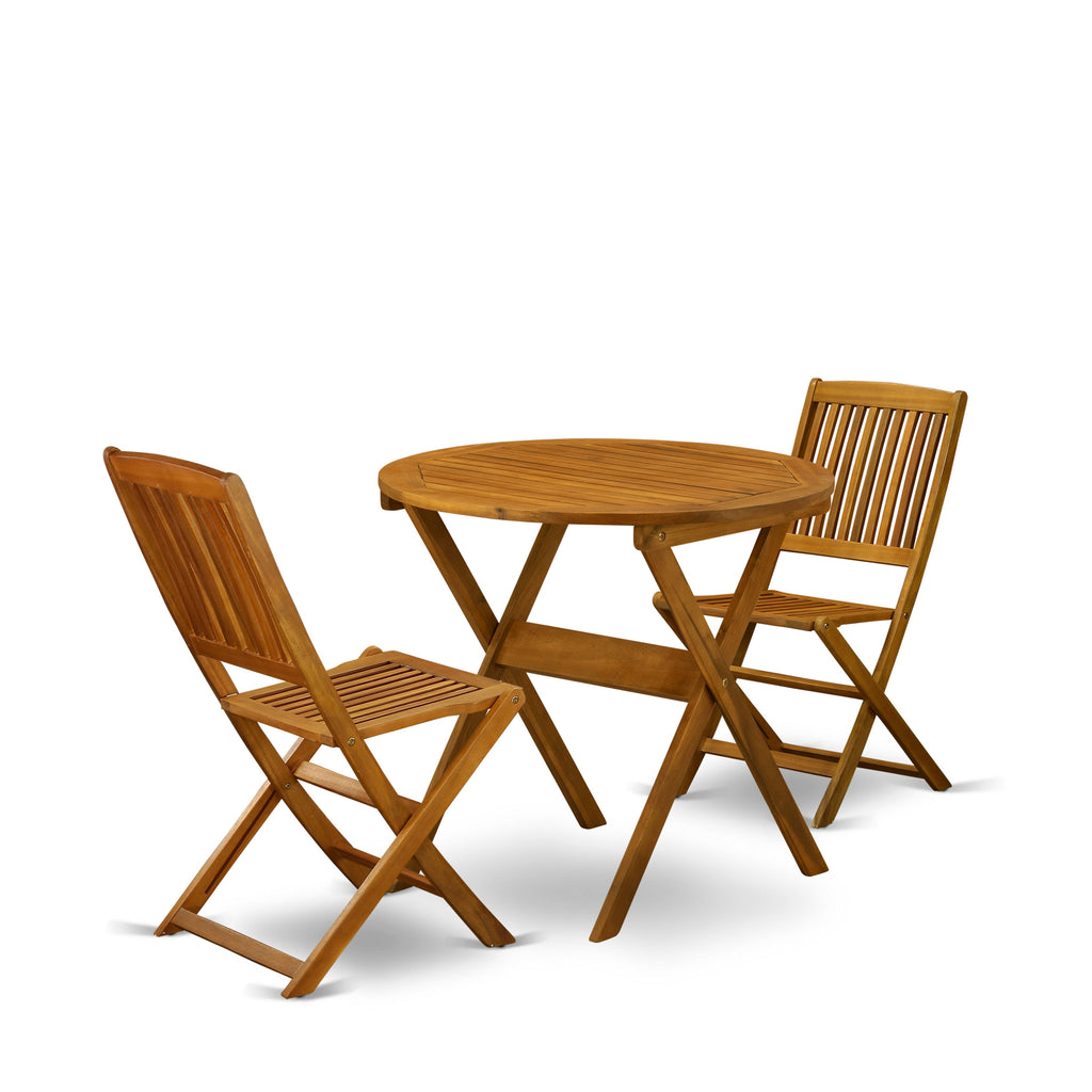 East West Furniture MNCM3CWNA 3 Piece Patio Bistro Sets Wood Folding Table Set Contains a Round Outdoor Acacia Wood Coffee Table and 2 Folding Side Chairs