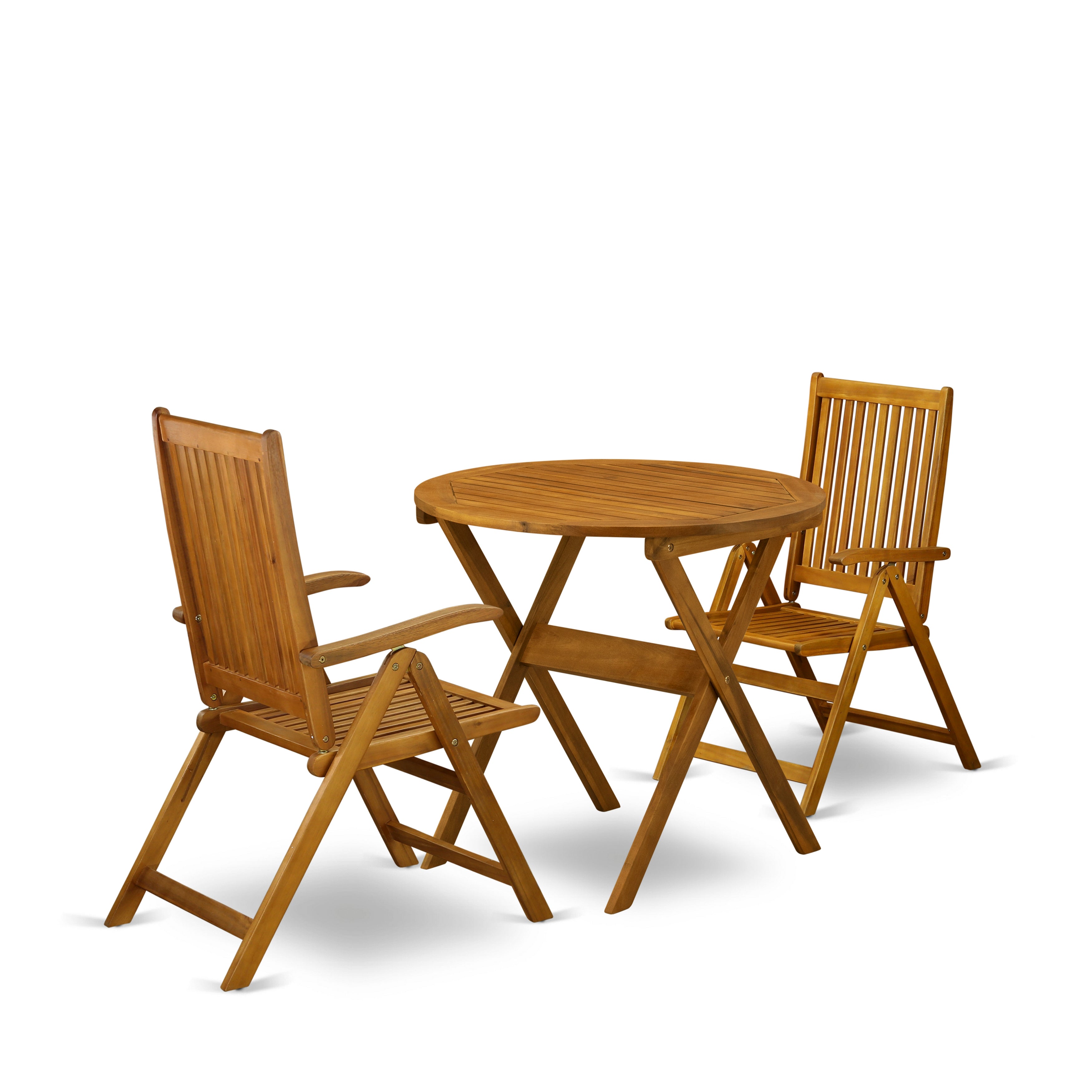 East West Furniture MNCN3C5NA 3-Piece Outdoor Bistro Table Set Consists of a Folding Camping Table and 2 Folding Camping Chairs Ideal for Garden, Terrace, Bistro, and Porch - Natural Oil Finish