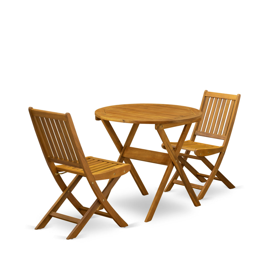East West Furniture MNDK3CWNA 3 Piece Patio Bistro Sets Wood Folding Table Set Contains a Round Outdoor Acacia Wood Coffee Table and 2 Folding Side Chairs