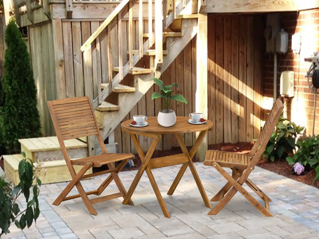 East West Furniture MNFM3CWNA 3 Piece Outdoor Conversation Bistro Set Consist of a Round Acacia Wood Coffee Table and 2 Folding Side Chairs