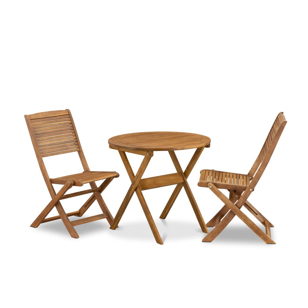 East West Furniture MNFM3CWNA 3 Piece Outdoor Conversation Bistro Set Consist of a Round Acacia Wood Coffee Table and 2 Folding Side Chairs