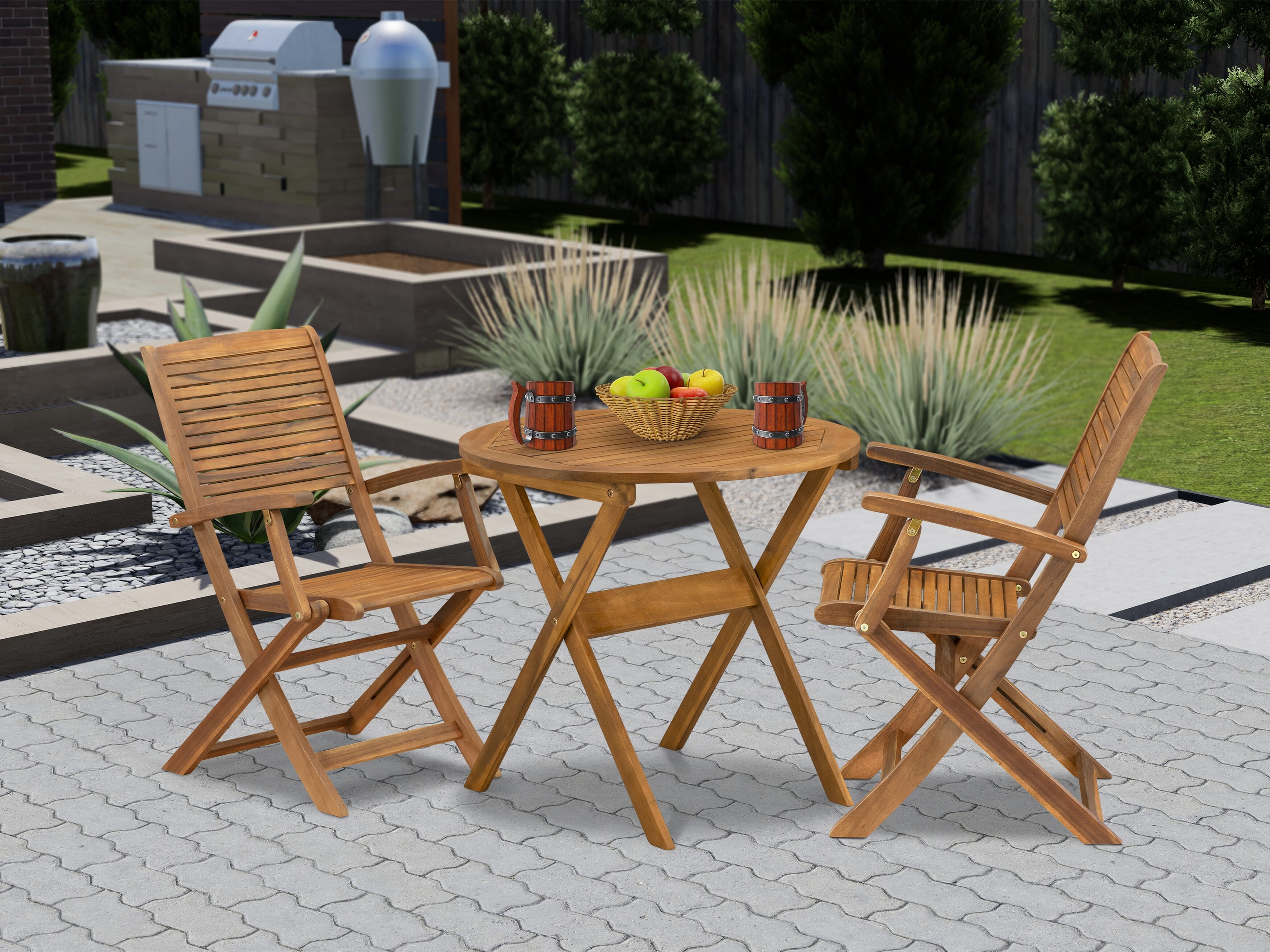 East West Furniture MNHD3CANA Juego de bistró para patio de 3 piezas para exterior Incluye una mesa de centro redonda de madera de acacia y 2 sillas plegables
