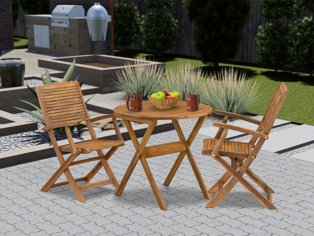 East West Furniture MNHD3CANA 3 Piece Patio Bistro Sets Outdoor Set Includes a Round Acacia Wood Coffee Table and 2 Folding Arm Chairs, 30x30 Inch, Natural Oil