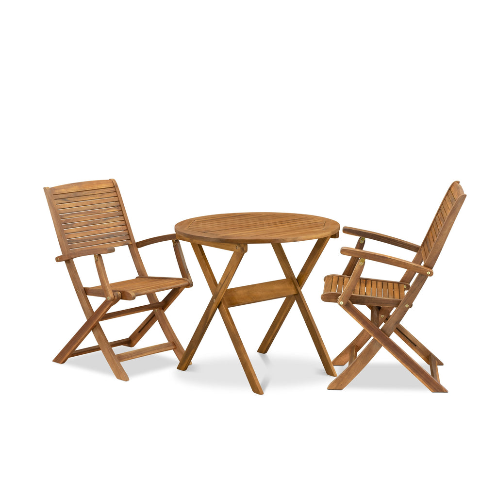 East West Furniture MNHD3CANA 3 Piece Patio Bistro Sets Outdoor Set Includes a Round Acacia Wood Coffee Table and 2 Folding Arm Chairs, 30x30 Inch, Natural Oil