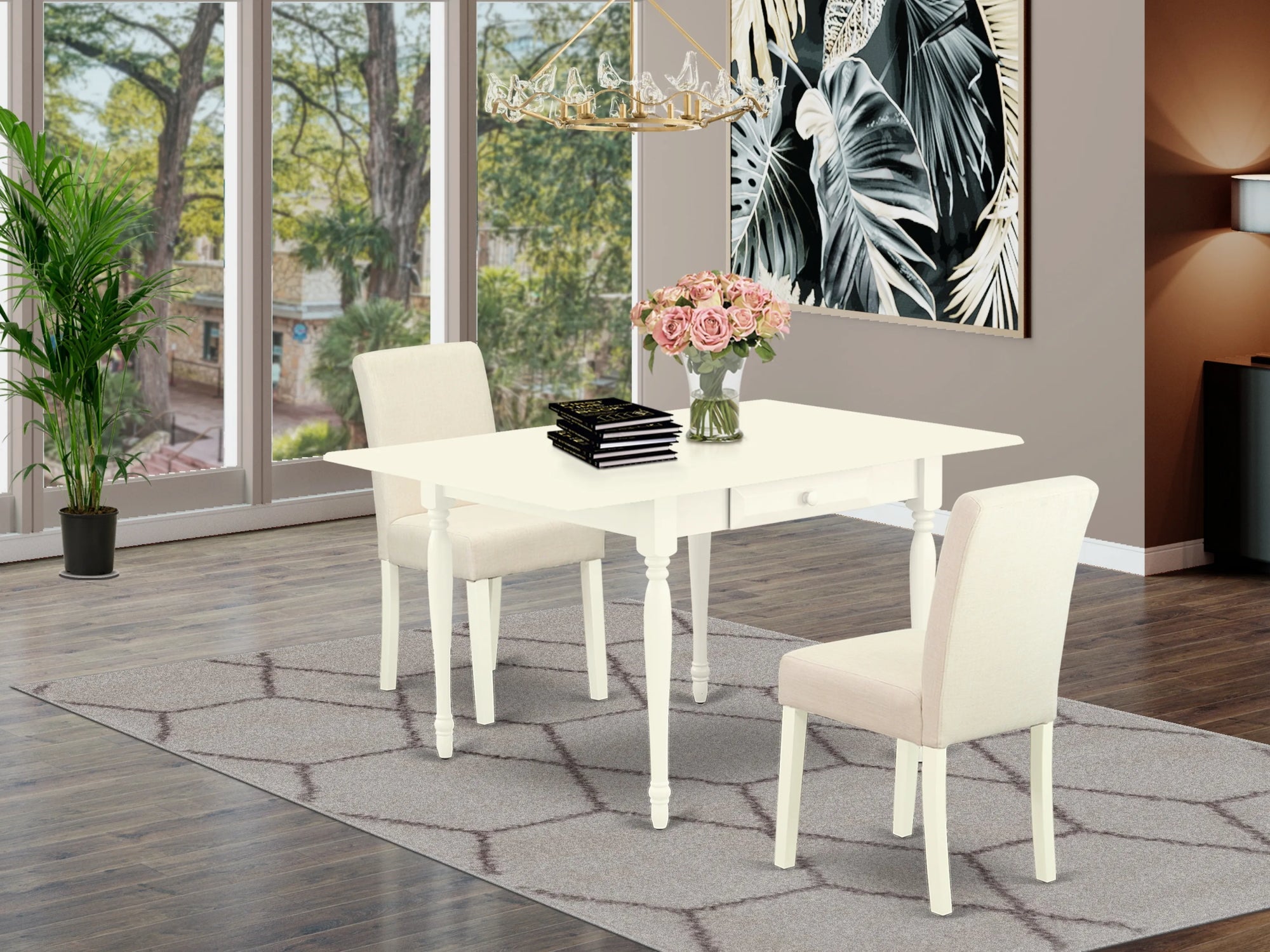 Juego de comedor de 3 piezas East West Furniture 1MZAB3-LWH-02. Incluye una mesa de madera y dos sillas tapizadas de lino beige claro. Mesa abatible con respaldo completo y acabado blanco lino.