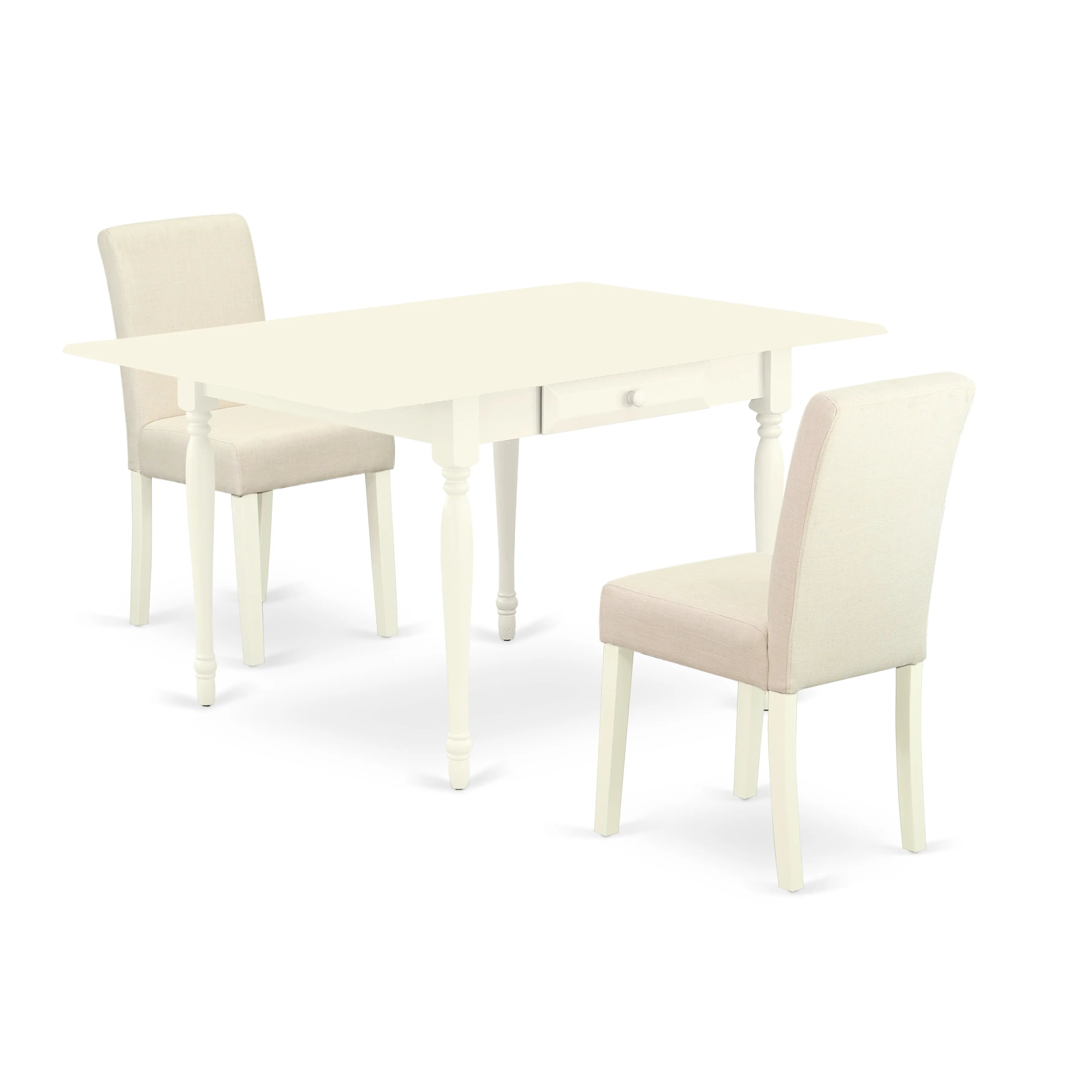 Juego de comedor de 3 piezas East West Furniture 1MZAB3-LWH-02. Incluye una mesa de madera y dos sillas tapizadas de lino beige claro. Mesa abatible con respaldo completo y acabado blanco lino.
