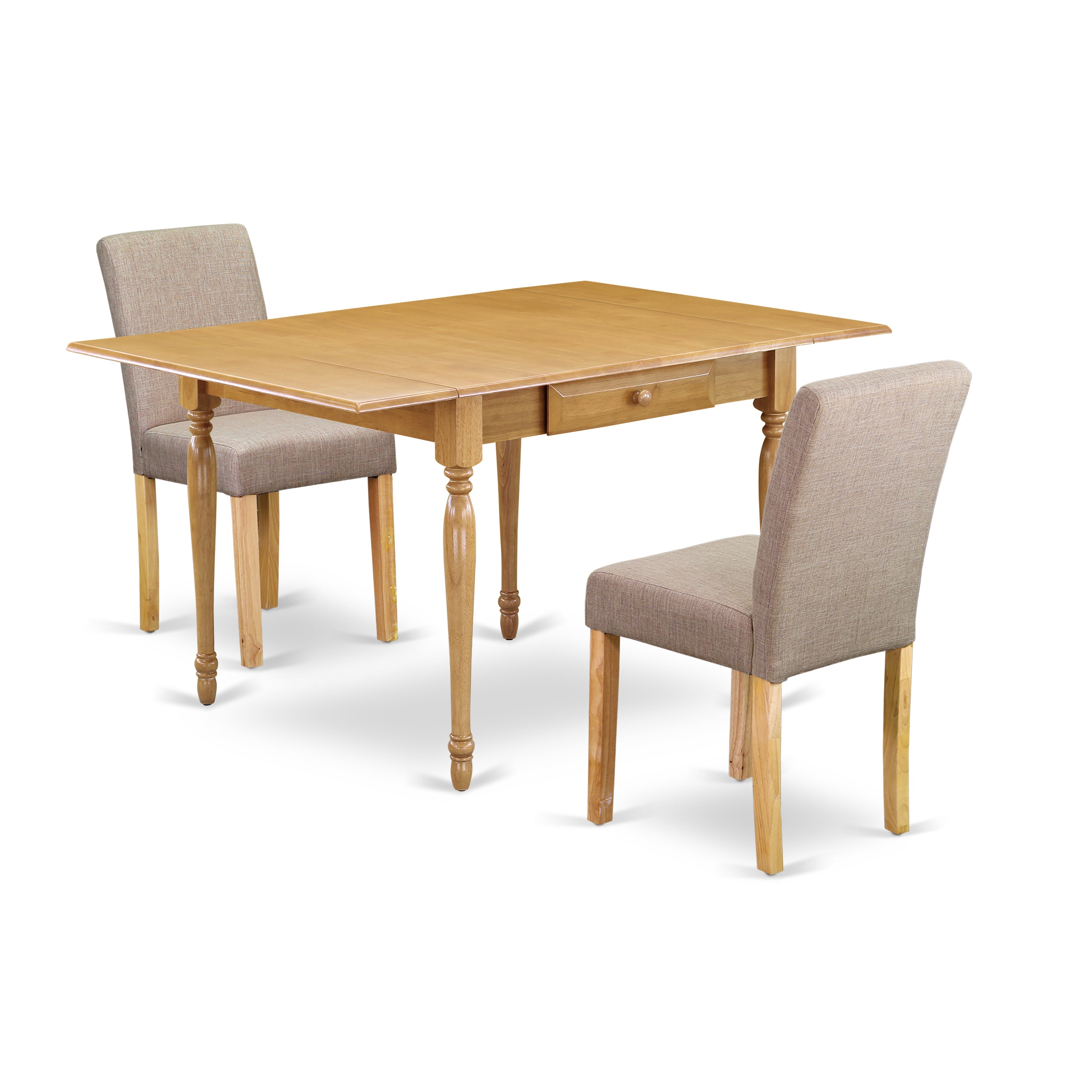 East West Furniture 1MZAB3-OAK-04 3Pc Dinette Set Contains a Small Dining Table and 2 Parsons Dining Chairs with Light Fawn Color Linen Fabric, Drop Leaf Table with Full Back Chairs, Oak Finish