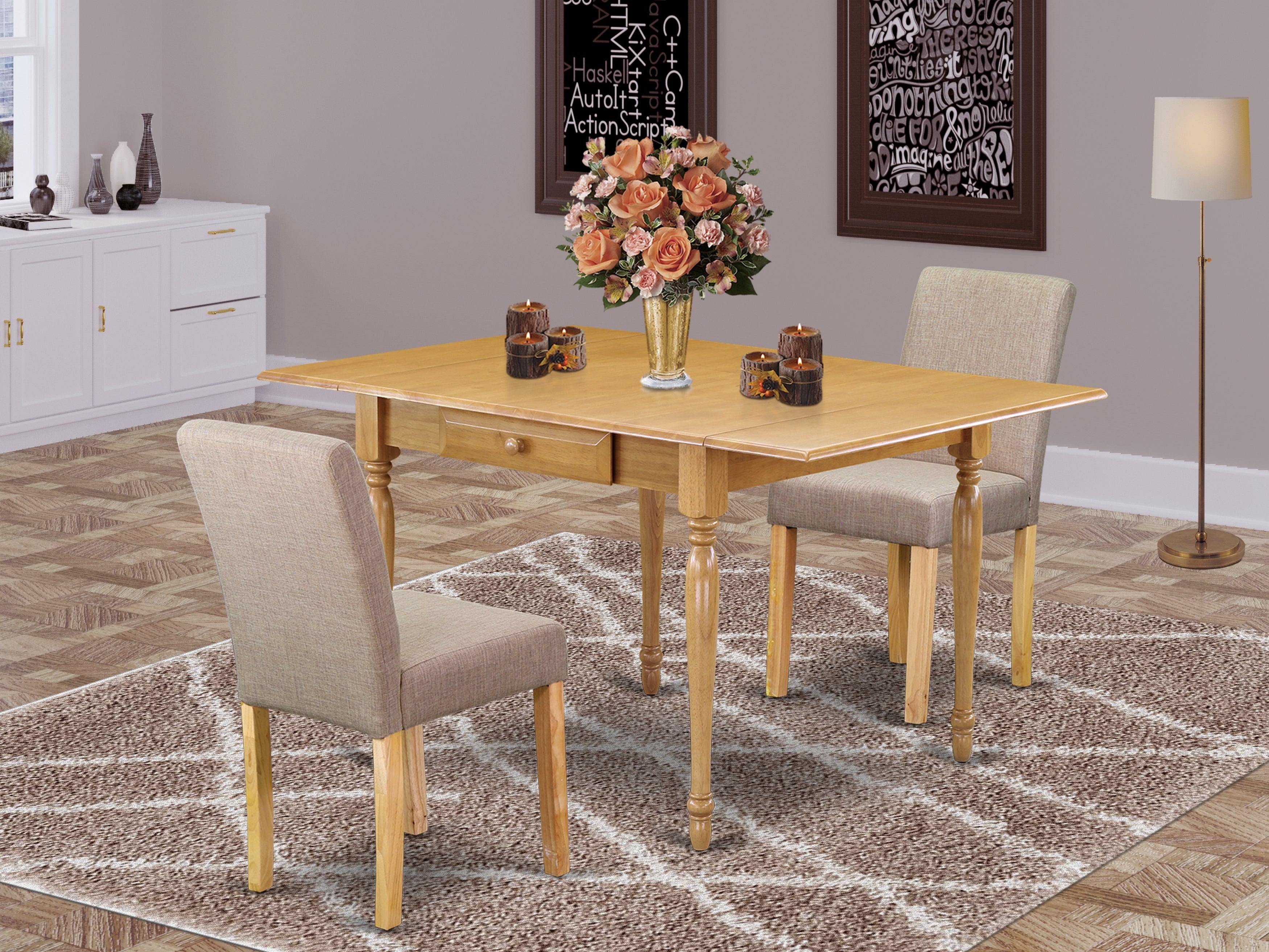 East West Furniture 1MZAB3-OAK-04 3Pc Dinette Set Contains a Small Dining Table and 2 Parsons Dining Chairs with Light Fawn Color Linen Fabric, Drop Leaf Table with Full Back Chairs, Oak Finish