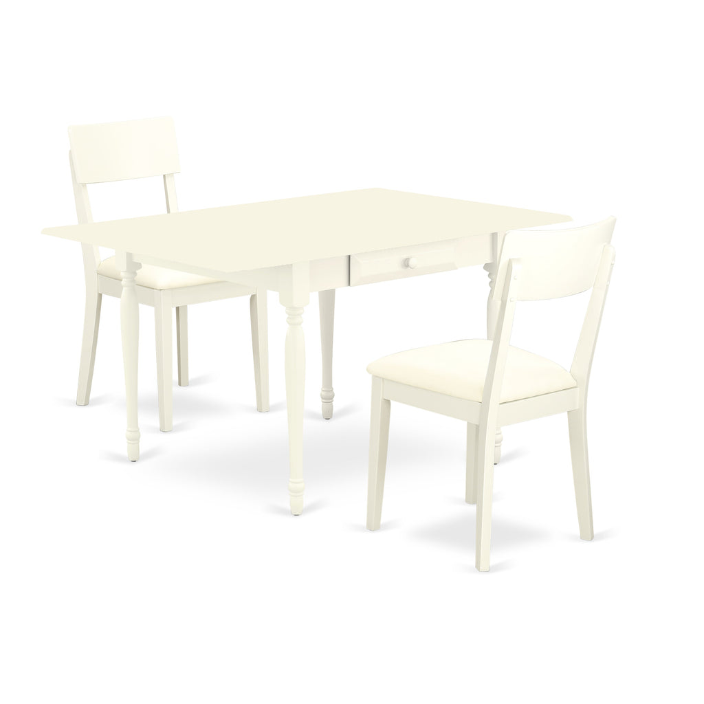 East West Furniture MZAD3-LWH-LC 3 Piece Kitchen Table Set for Small Spaces Contains a Rectangle Dining Table with Dropleaf and 2 Faux Leather Upholstered Chairs
