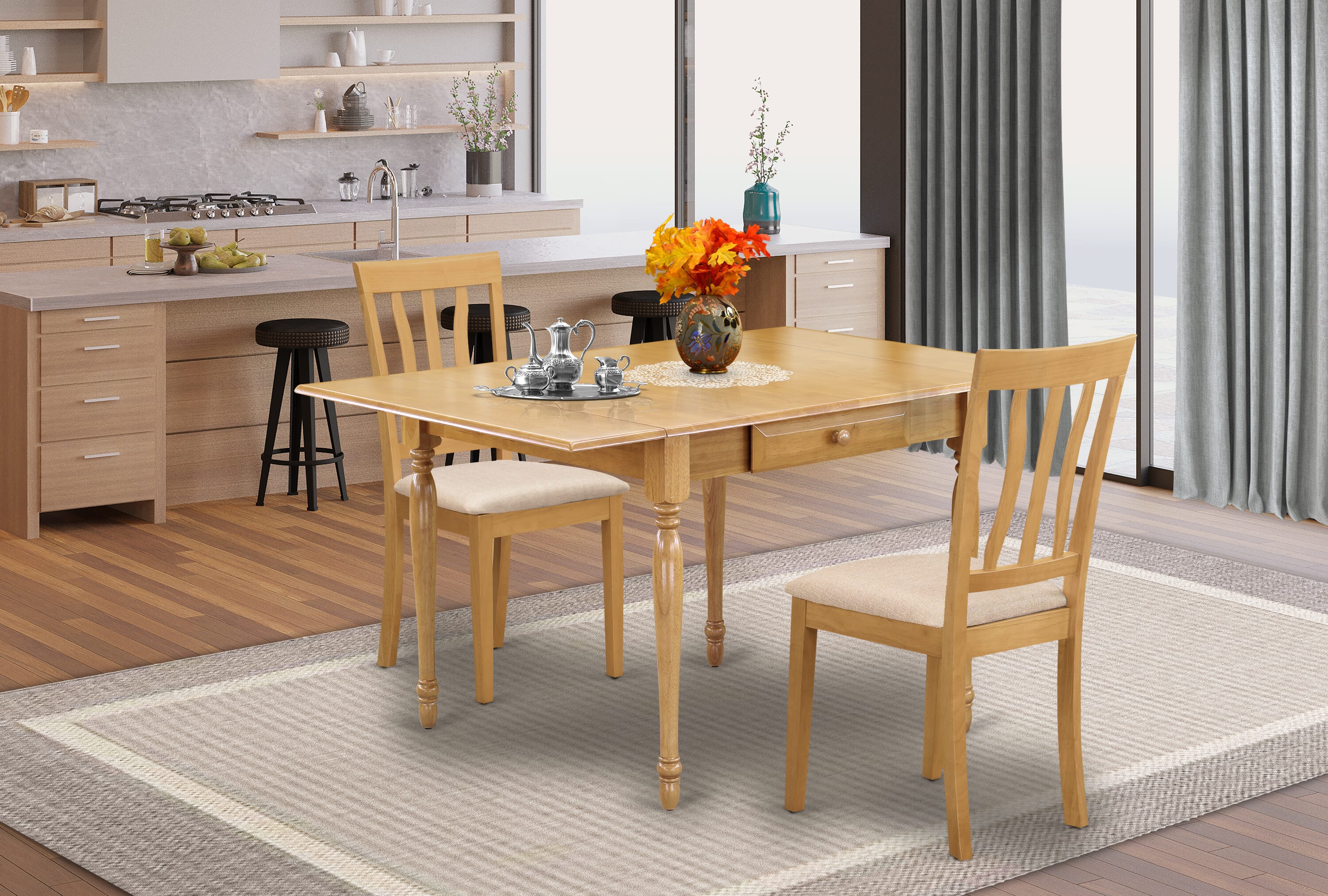 East West Furniture MZAN3-OAK-C 3Pc Dining Room Table Set Includes a Dining Table and 2 Dining Chairs with Linen Fabic Seat, Drop Leaf Table with Slat Back Chairs, Oak Finish