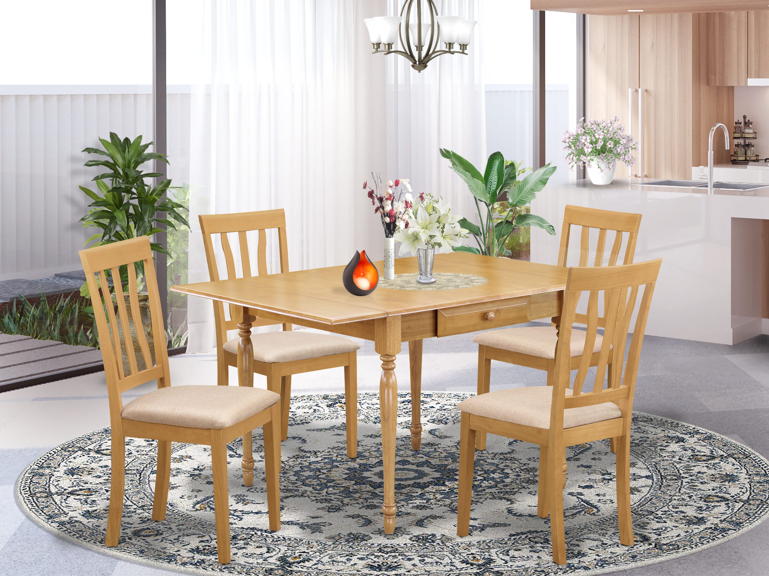 East West Furniture MZAN5-OAK-C 5Pc Kitchen Set for 4 Consists of a Wood Dining Table and 4 Wood Dining Chairs with Linen Fabic Seat, Drop Leaf Table with Slat Back Chairs, Oak Finish