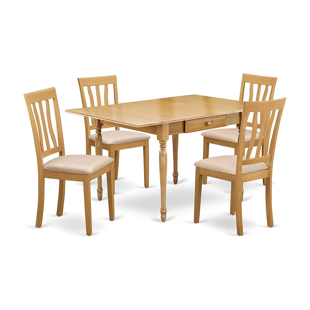 Juego de comedor de 5 piezas East West Furniture MZAN5-OAK-C para 4 personas. Incluye una mesa de comedor rectangular con alas abatibles y 4 sillas de comedor de tela de lino.