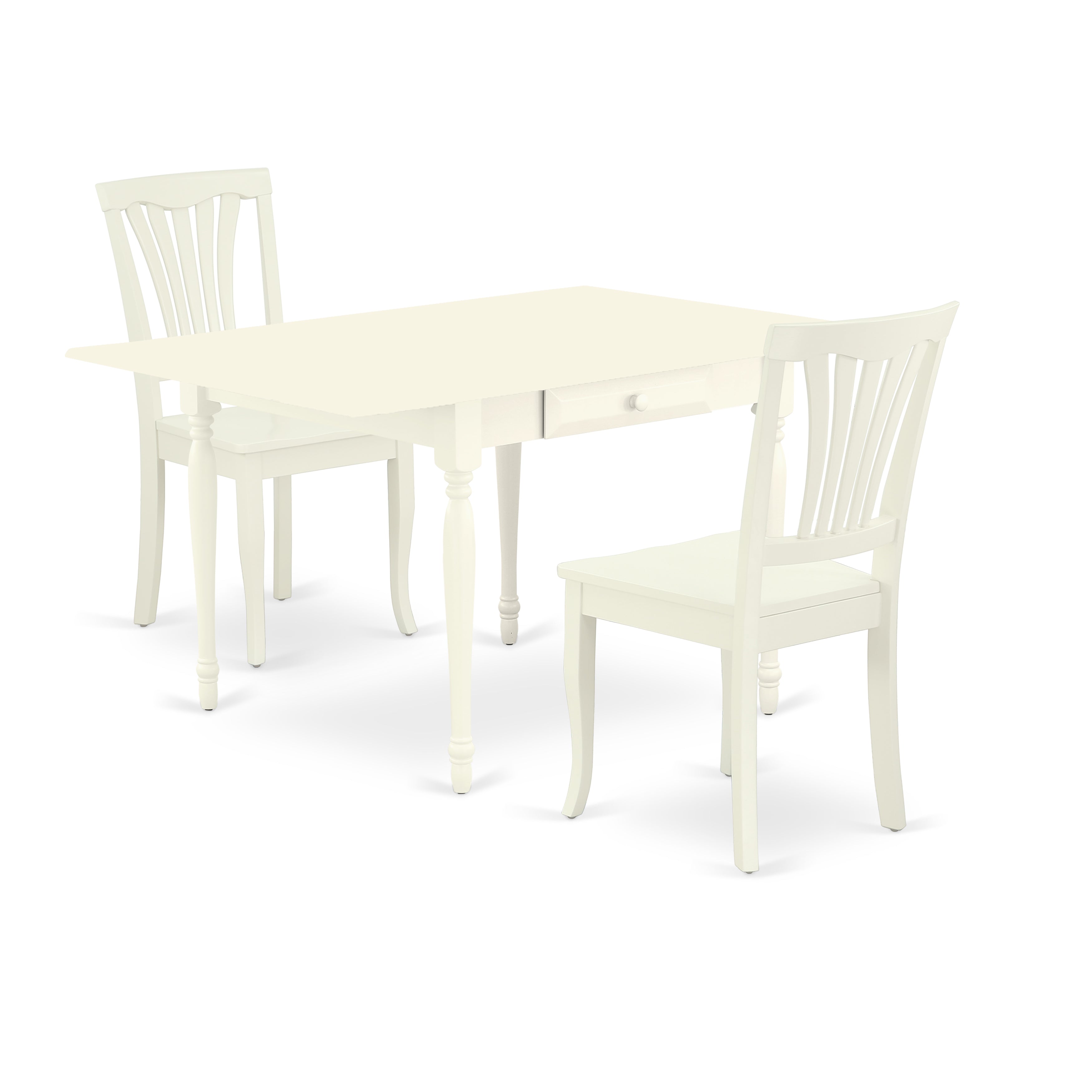 Juego de comedor de 3 piezas East West Furniture MZAV3-LWH-W para espacios pequeños. Contiene una mesa de comedor rectangular con alas abatibles y 2 sillas de comedor.